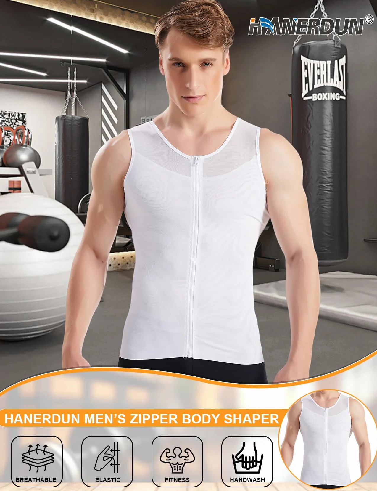 HANERDUN Męska Koszulka Kompresyjna Wyszczuplająca Bez Rękawów Bielizna Bielizna Modelująca Brzuch Koszula Płaski Brzuch Sportowa Kamizelka Fitness z Zamkiem Błyskawicznym