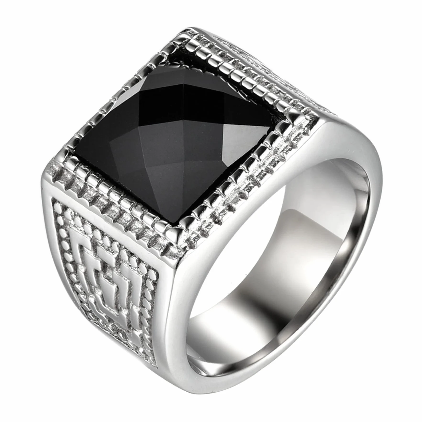 JewelryWe Biżuteria sygnet męski ze stali nierdzewnej szkła kamień vintage kwadrat pierścionek wikingów pierścionek z grawerunkiem, kolor srebrny, czarny, rozmiar od 57 do 70