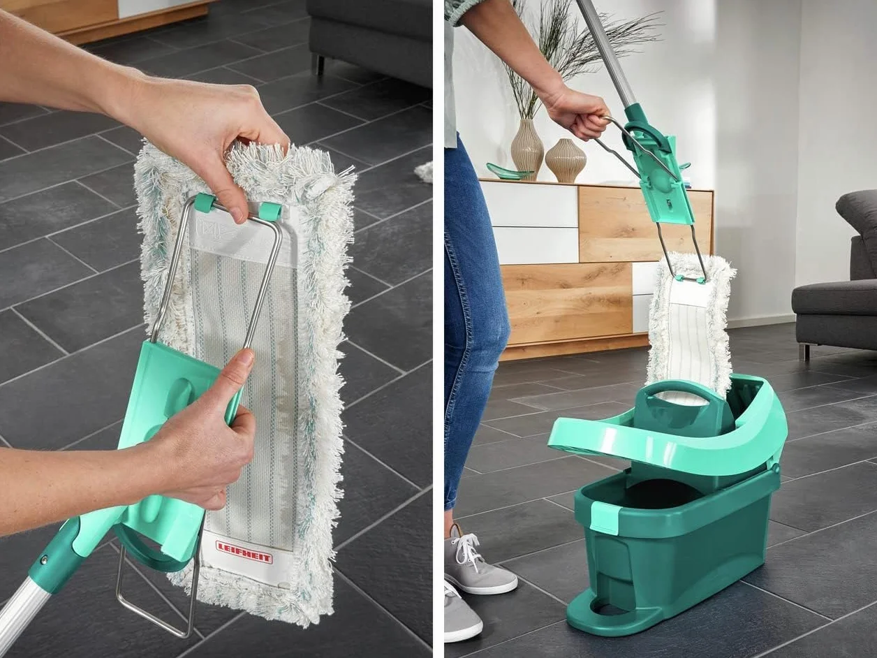 Leifheit Profi XL cotton plus teleskopowy uchwyt 80-135 cm ze stali do płytek i podłóg kamiennych, mop do odkręcania za pomocą kliknięcia nożnego, przegub obrotowy 360°, system zatrzaskowy