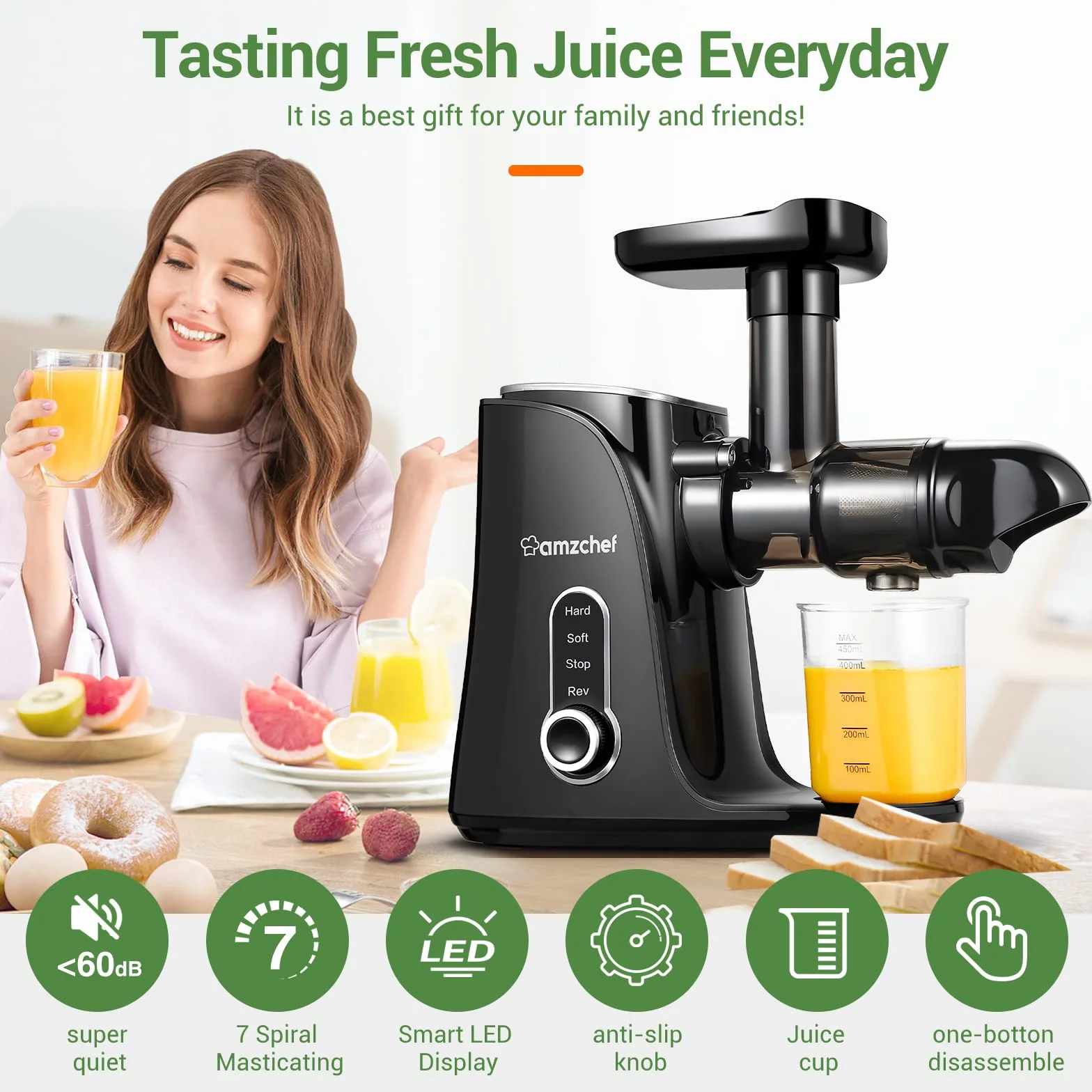 AMZCHEF Cold Press Sokowirówka do Owoców/Warzyw z 2 Prędkościami - Wyciskarka do Soków z Ultra Gęstym Filtrem - Wolnoobrotowa Sokowirówka do Całych Owoców i Warzyw - 1 Butelka i 2 Kubki - Czarny
