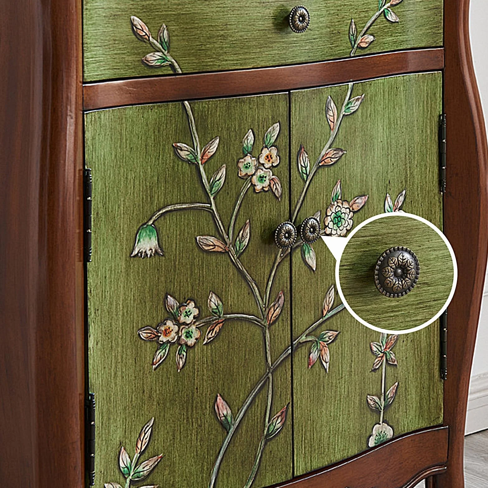 Szafka na Biżuterię z 1 Szufladą i 2 Drzwiami Drewniana Szafka Boczna Szafki do Sypialni Meble Malowane w Stylu Retro (Orzech i Zieleń, 66 * 33 * 77.5cm)