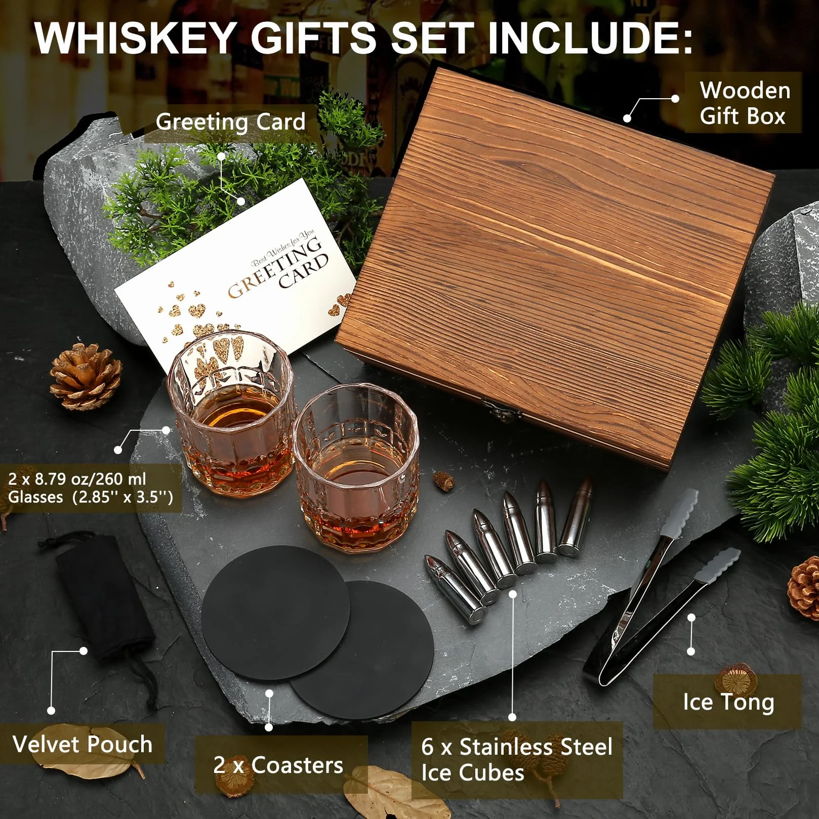 Sovyime Zestaw Prezentowy Whisky - Szklanki do Whisky 2 szt., Kamienie Stal Nierdzewna, Drewniane Pudełko