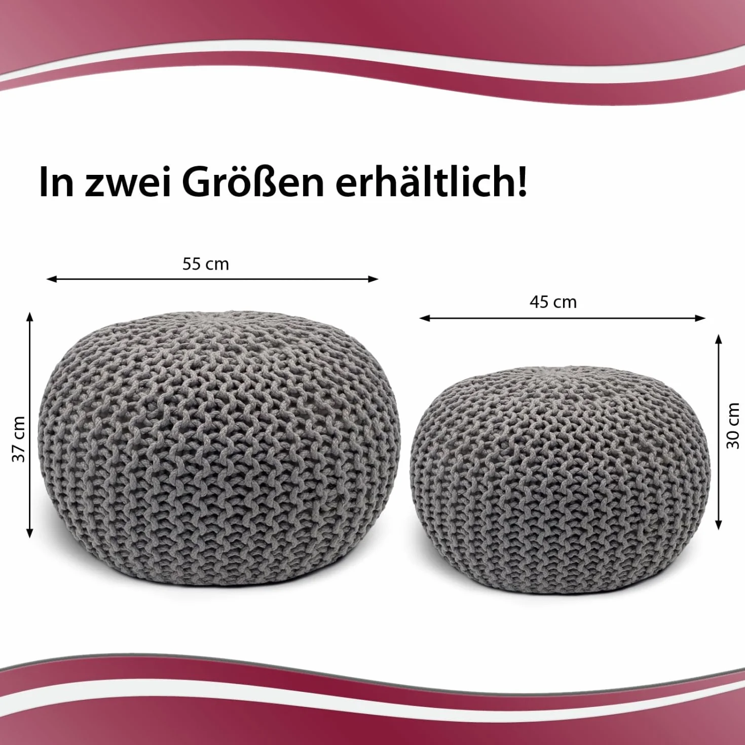 Casamia Puf Ø 55 cm Taboret z Dzianiny Pufa Poduszka Podłogowa Outdoor Szary Srebrnoszary