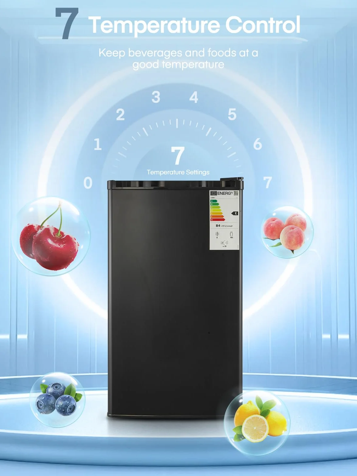 Lodówka FOHERE 90 l z zamrażalnikiem | Mała lodówka z szufladą na owoce i warzywa | 7 regulowanych poziomów temperatury | 84 kWh/rok | Odwracalne zawiasy drzwi | Regulowane nóżki | Czarny