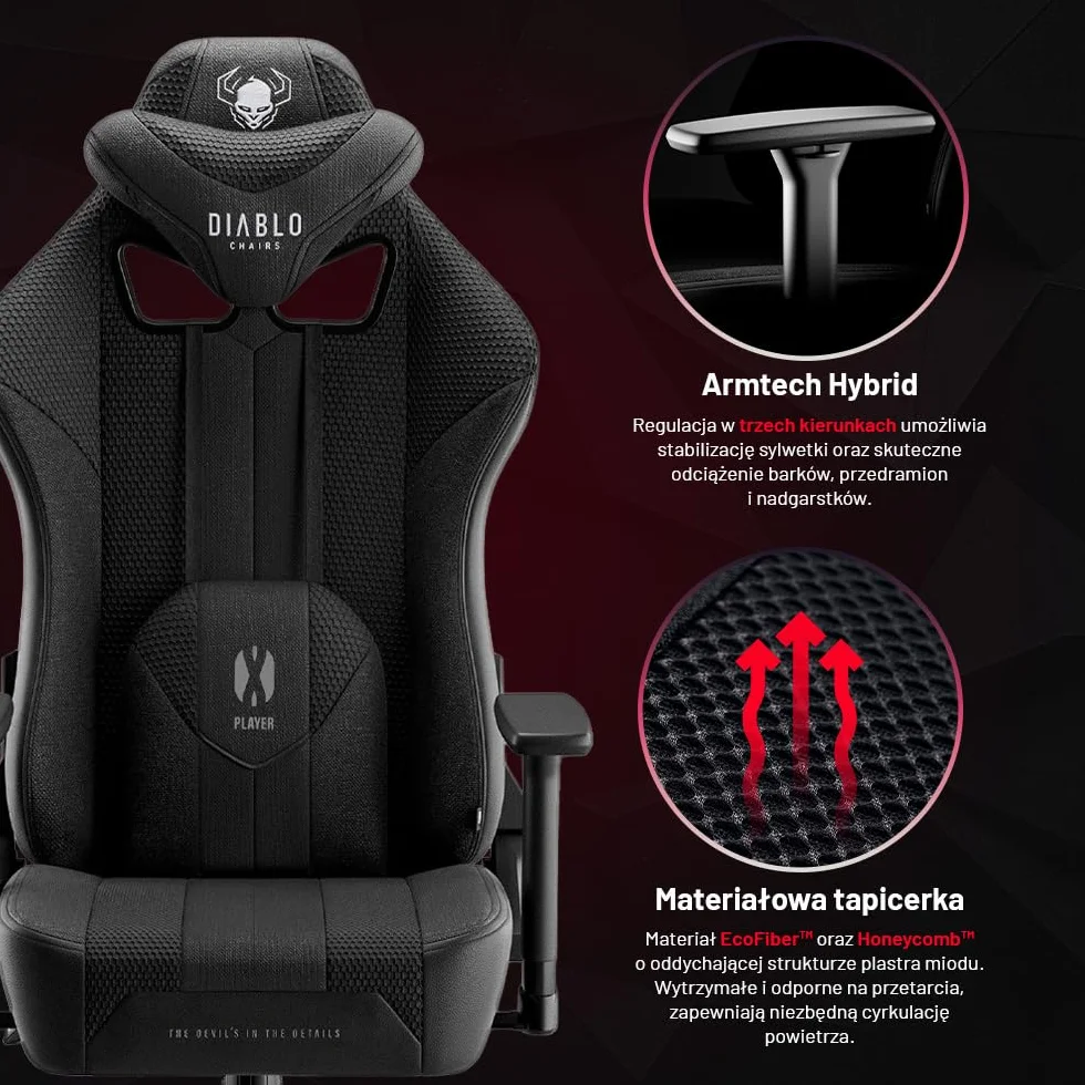 Diablo X-Player 2.0 Fotel Gamingowy Krzesło Biurowe Obrotowy Regulowane Podłokietniki 3D Ergonomiczny Czarny Normal (L)