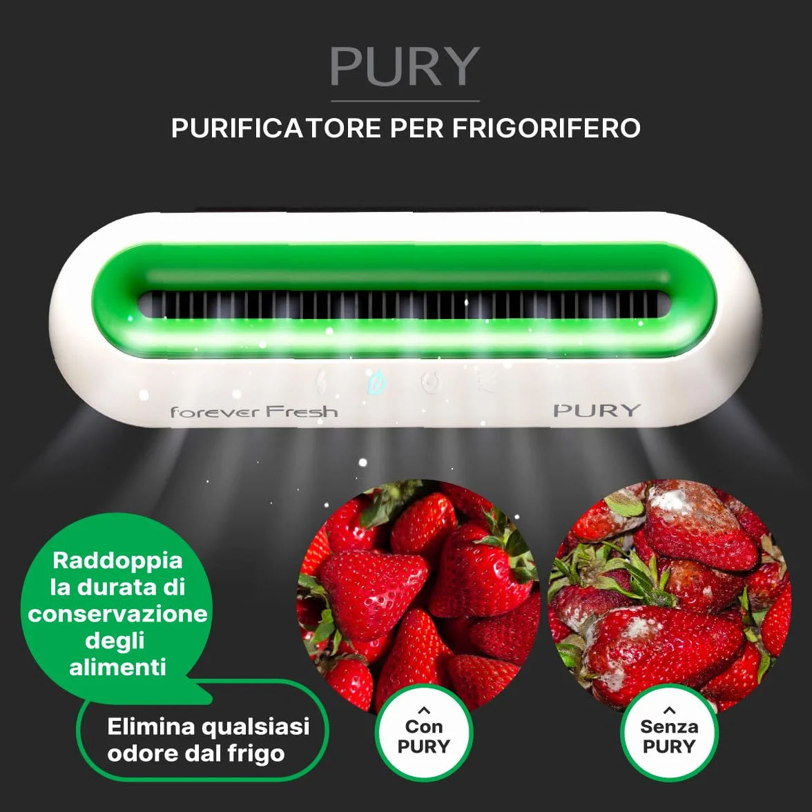 PURY Oczyszczacz do lodówki, eliminuje pleśń i bakterie. Generuje prawidłową i zmierzoną emisję ozonu (50 mg/h), zasięg do 45 gg. Forever Fresh 885C