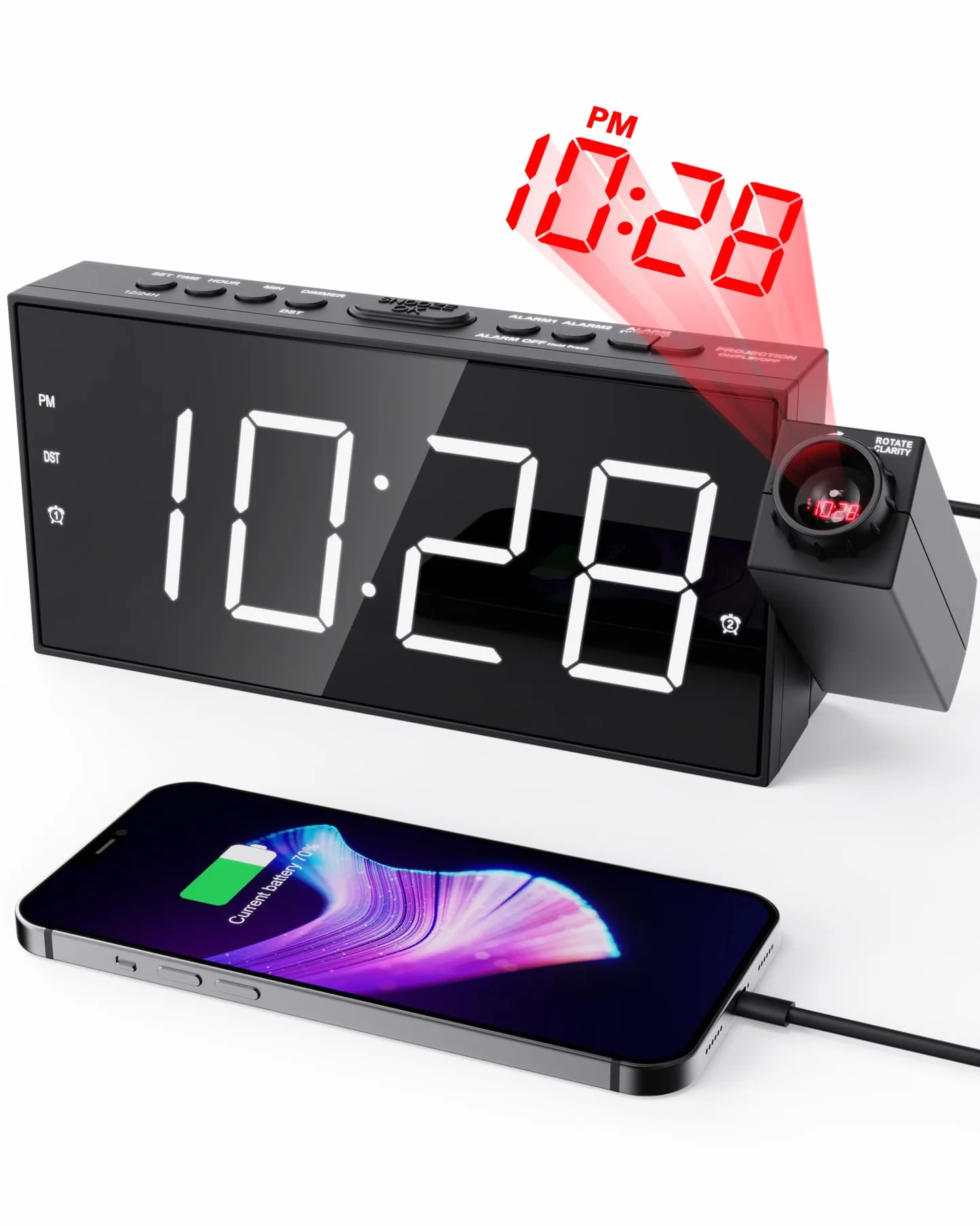 ROCAM Budzik projektor sufitowy LED biały z ładowaniem USB 12/24H drzemka