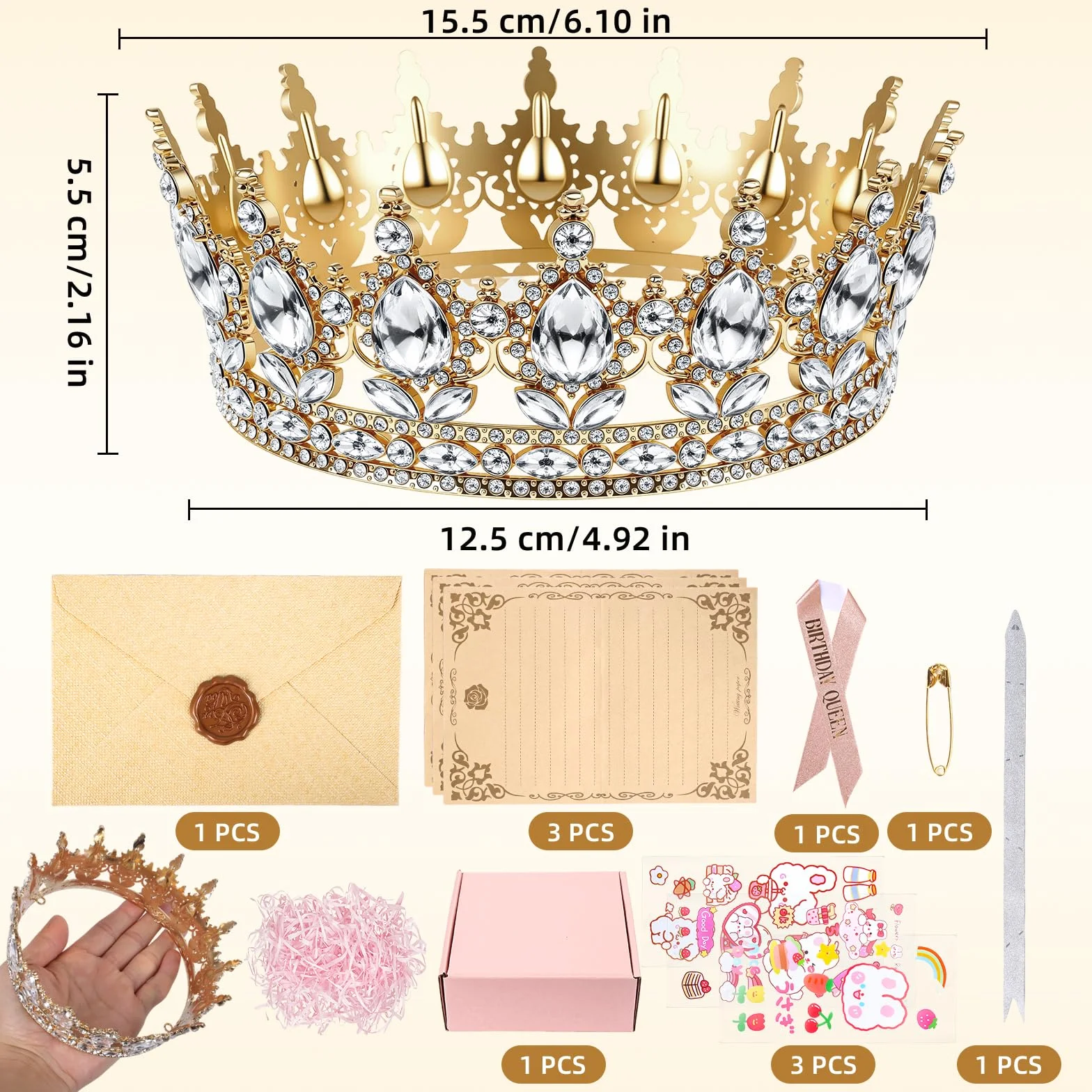 Pełna okrągła tiara dla dziewczynek, korona ze strasu, diadem dla panny młodej, kryształowa tiara barokowa, tiara księżniczki, z różowym pudełkiem na prezent, pasek na ramię w kolorze różowego złota