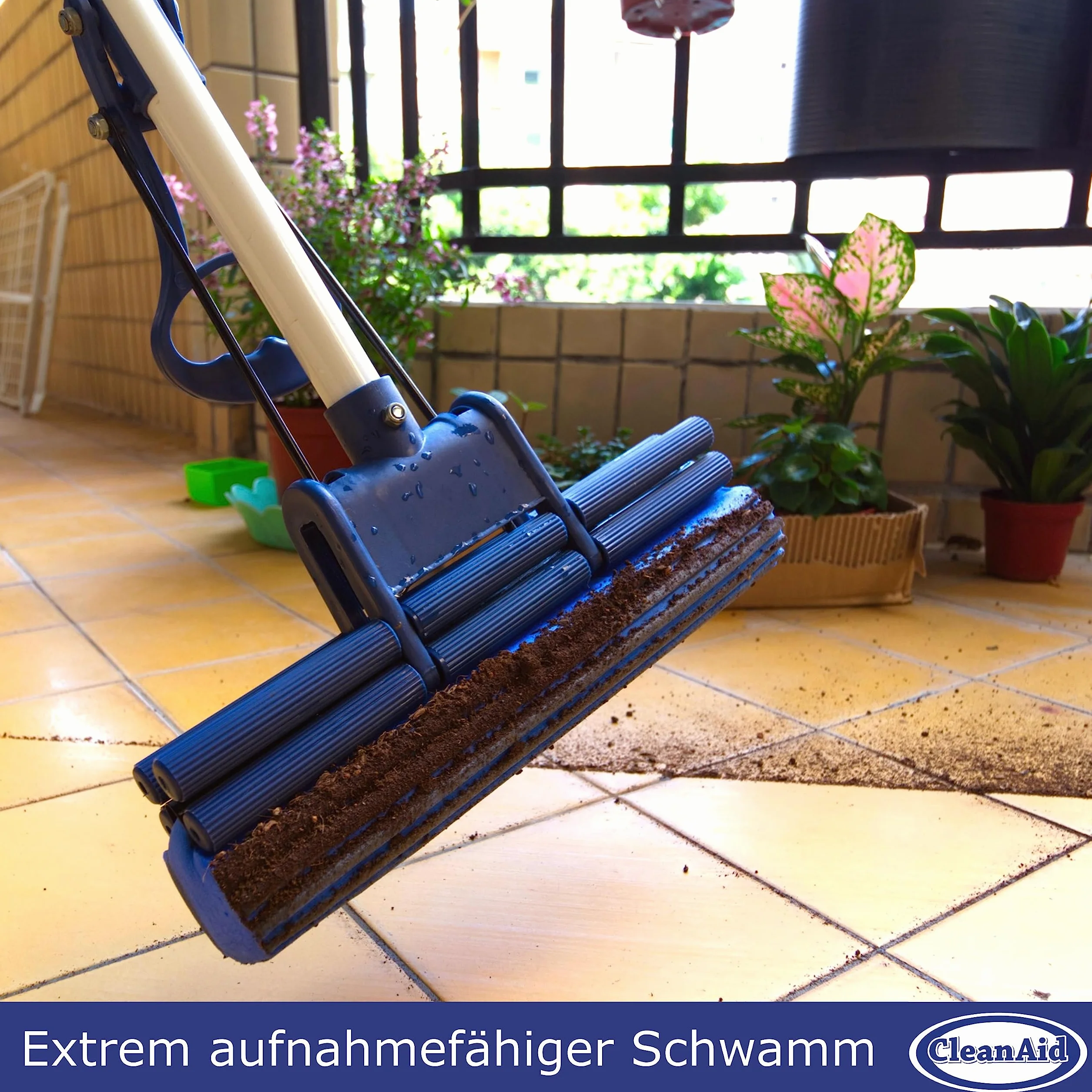 OneTouch Easy Mop Podłogowy - Mop z Gąbki do Podłóg z Teleskopową Rączką, Wbudowaną Wyciskarką i Wysoce Chłonną Gąbką PVA - Mop Gąbkowy do Czyszczenia Podłóg w Kuchni, Łazience i w Całym Domu