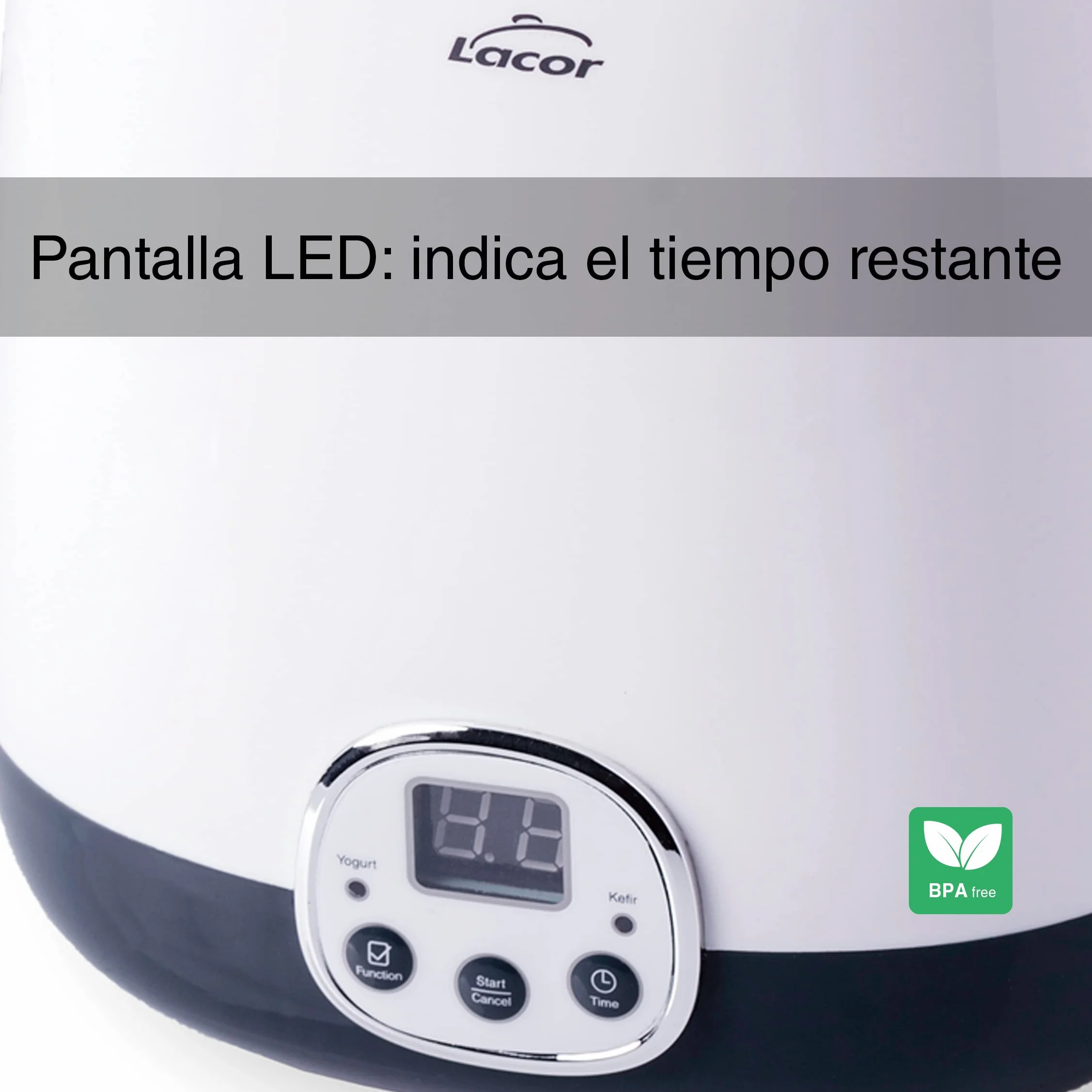 Lacor - 69345 - HerA Supersillenciosa producent jogurtów, idealny do produkcji kefiru i jogurtu greckiego, zawiera timer 48 godzin, ekran LED, pojemność: 1 l, Ø 16,8 x 18,8 cm, biały