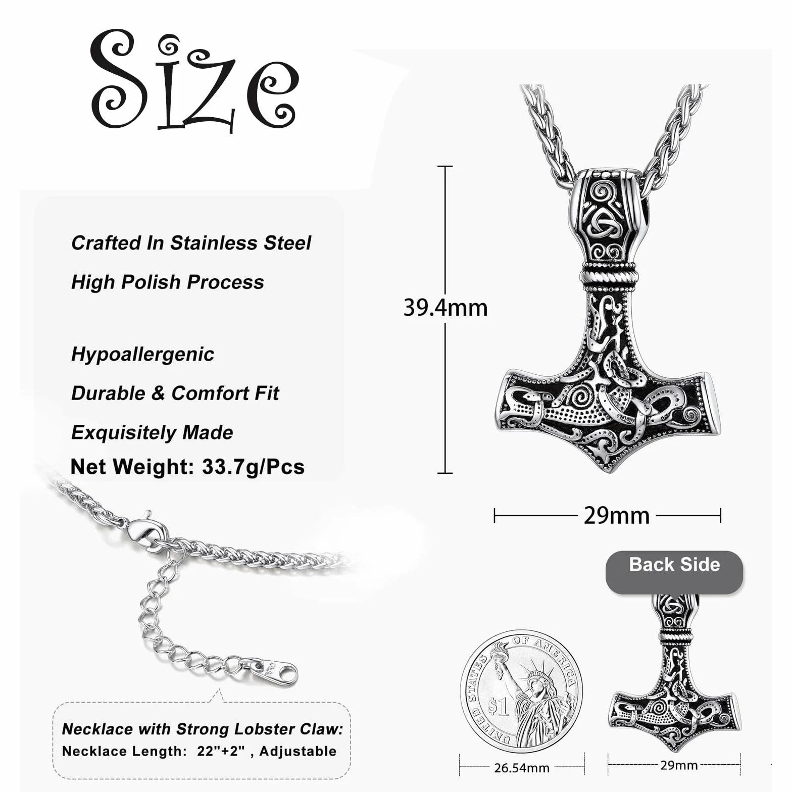 Łańcuszek na szyję z młotem Thor, wisiorek z motywem młota Thor, z celtyckim węzłem, lina wikingów, dla mężczyzn, łańcuszek 60 cm, Stal nierdzewna