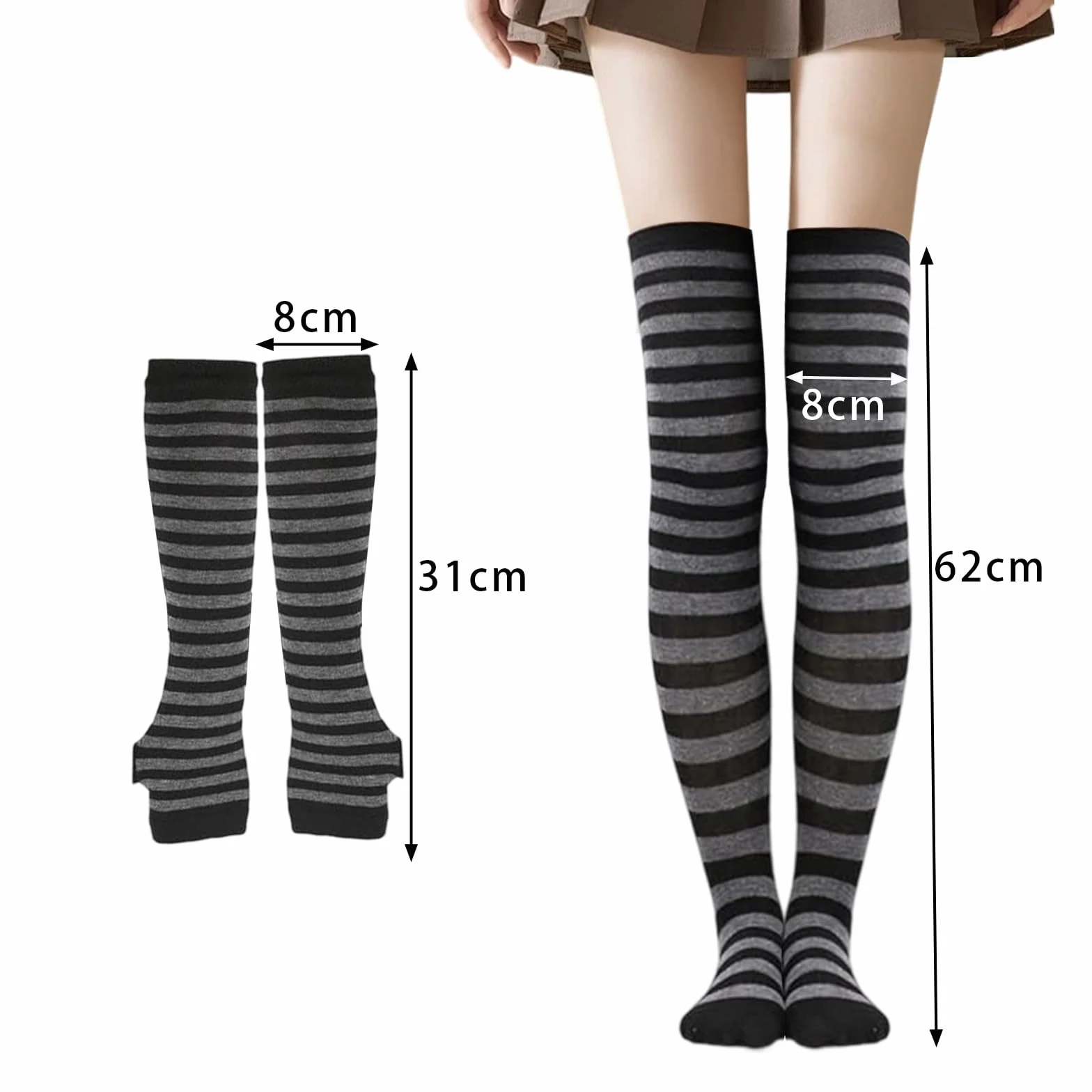 Damskie podkolanówki w paski, Thigh Highs, długie rękawiczki z dzianiny, zestaw skarpet na imprezę, kostium