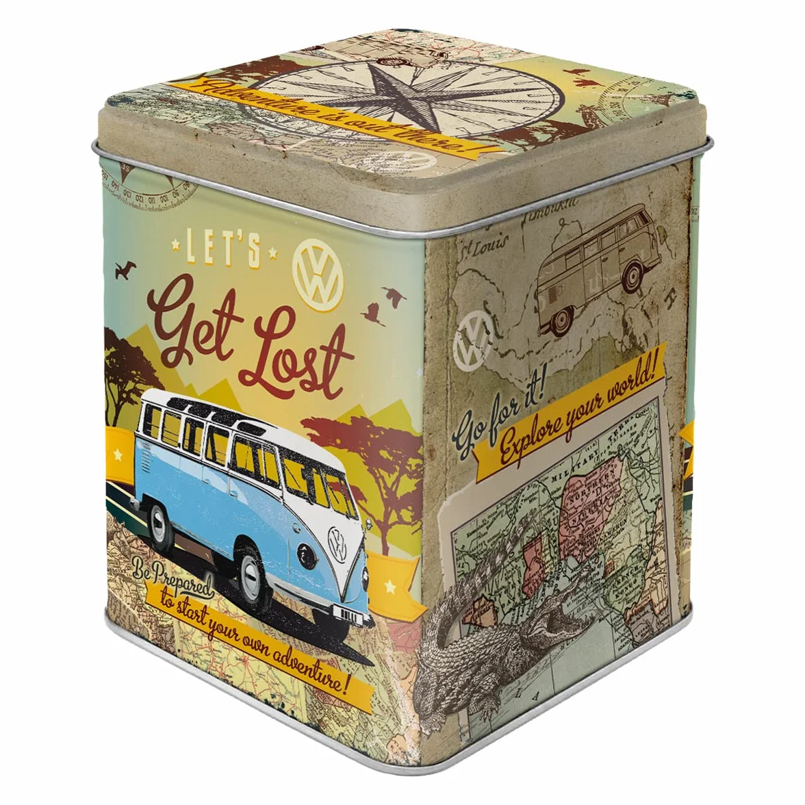 Nostalgic-Art Retro puszka na herbatę, 100 g, VW Bulli – Let's Get Lost – Pomysł na prezent dla miłośnika Volkswagena Busa, Official License Product (OLP), metalowy pojemnik na herbatę, Styl vintage