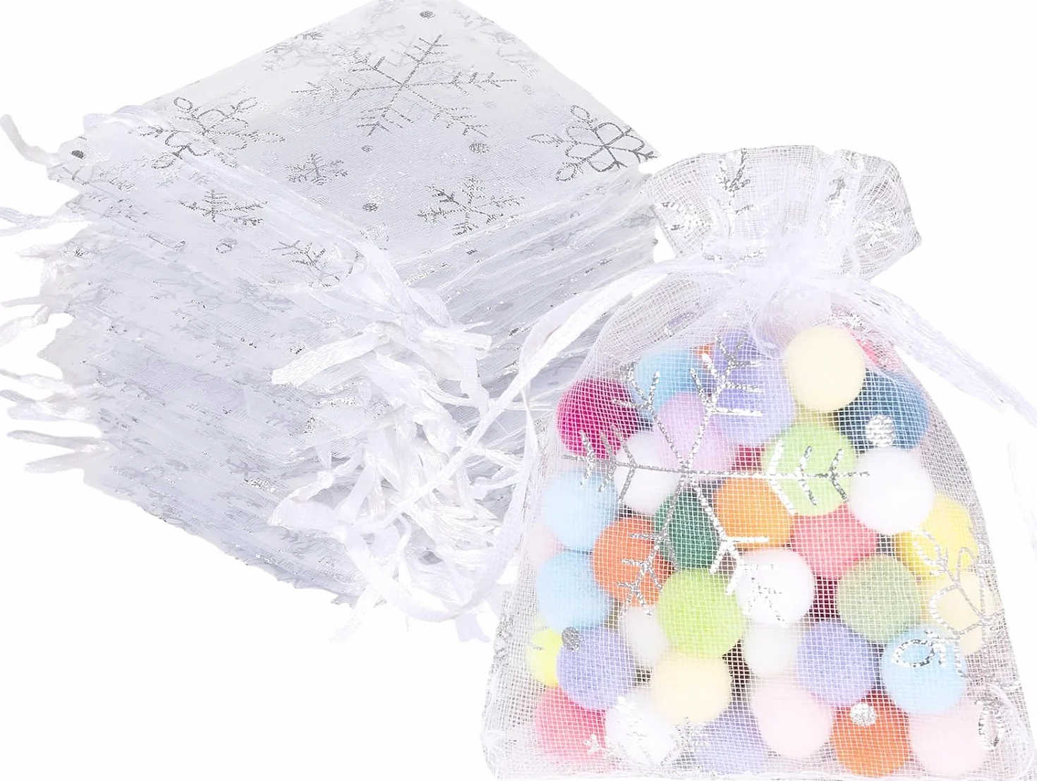 Woreczki na prezenty z organzy, 50 sztuk, woreczki z organzy, woreczki na prezenty, Boże Narodzenie, białe, 7 x 9 cm, mały prezent, woreczek z organzy, płatek śniegu, woreczek z organzy ze sznurkiem
