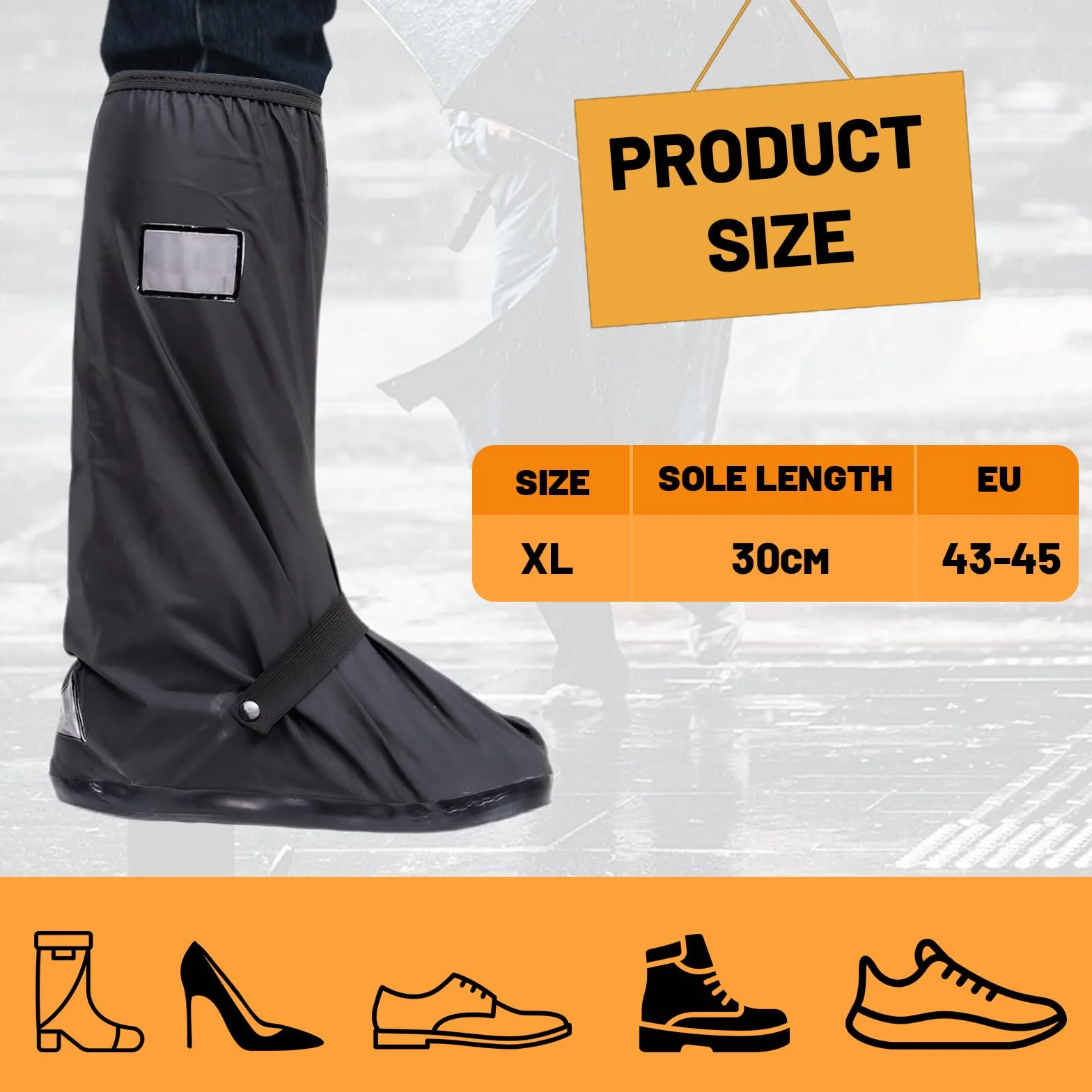 Osłona przeciwdeszczowa na buty w rozmiarze XL, PCW, wysoka ochrona przed deszczem, kalosze z odblaskiem, wodoszczelna, czarna osłona na buty, outdoorowa, antypoślizgowa nakładka na buty dla mężczyzn