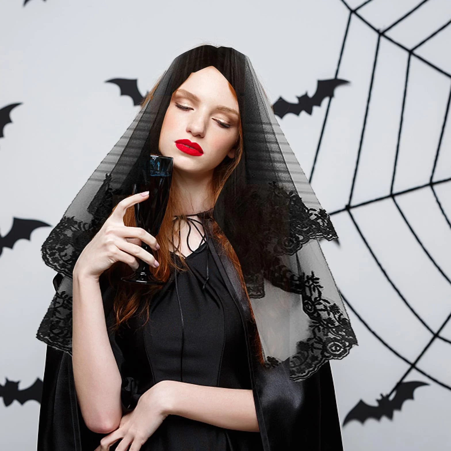 Funmo Welon na Halloween, czarna koronka, opaska na czoło, welon dla panny młodej, welon ślubny, 2 warstwy, na Halloween, włosy czarownica, czarny grzebień, welon, Cosplay, vintage, 80 cm, czarny, M