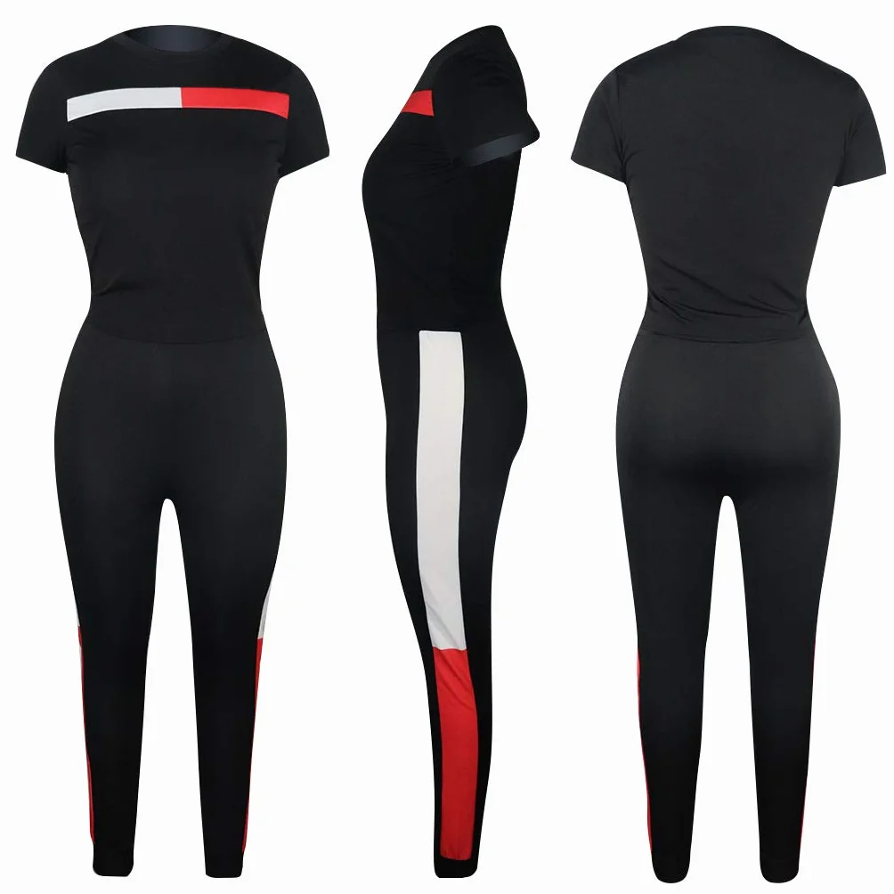 Kombinezon damski na lato moda dwuczęściowa koszulka + ubrania 7/8 fitness sport jogging spodnie joga casual basic, Czarny, L
