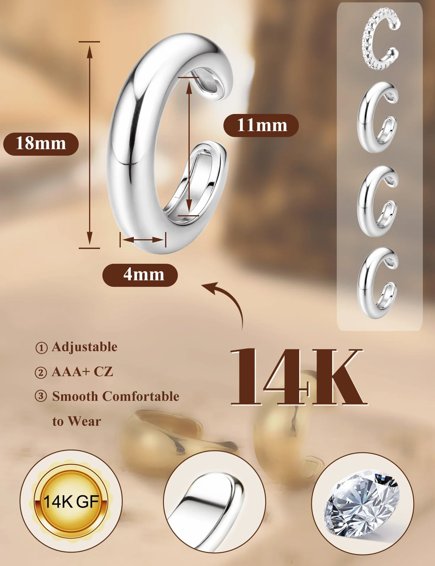Morfetto Ear Cuff zestaw kolczyków dla kobiet, bez piercingu, 4 pary kolczyków powlekanych złotem 14 K, Fake Helix, nieblaknące, regulowane mankiety w pudełku prezentowym