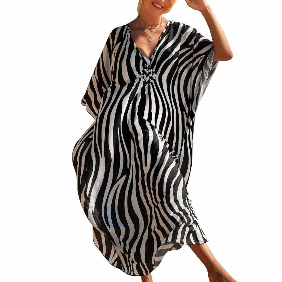 Kaftan damska długa sukienka plażowa w stylu boho, letnia sukienka maxi, pareo, okrycie bikini, na urlop i plażę