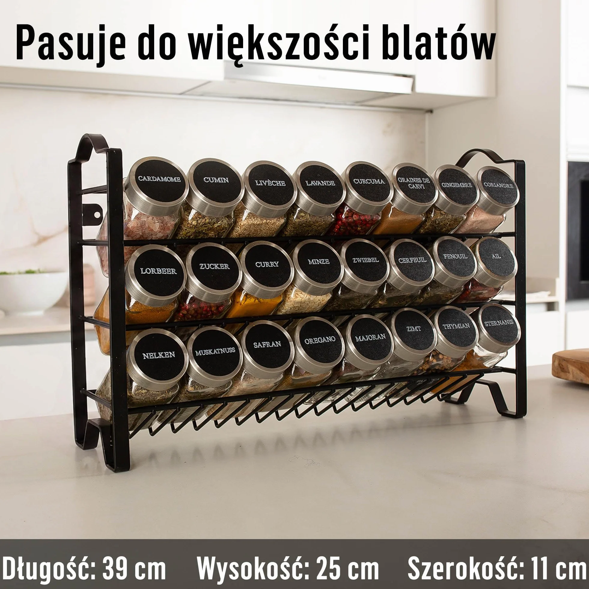 Deco haus Stojak na Przyprawy 3-poziomowy Metalowy Organizer Kuchenny 24 Słoiczki Czarny