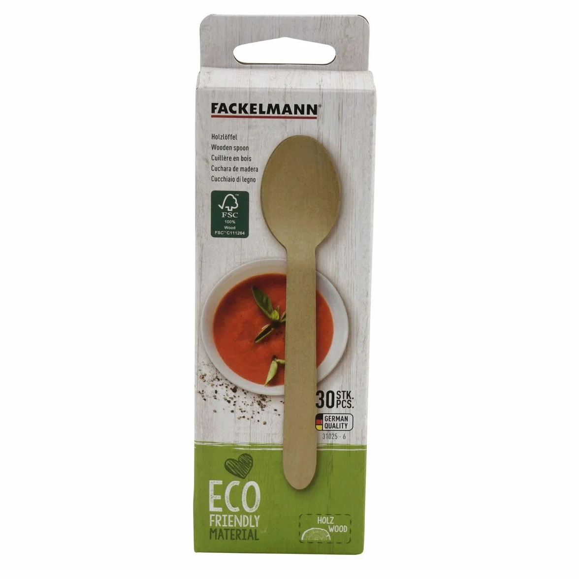 Fackelmann 31025 Zestaw 30 Jednorazowych Łyżek Drewnianych Fsc, Biodegradowalnych Jednorazowych Łyżek, Drewno z Certyfikatem Fsc, 16 x 3 cm