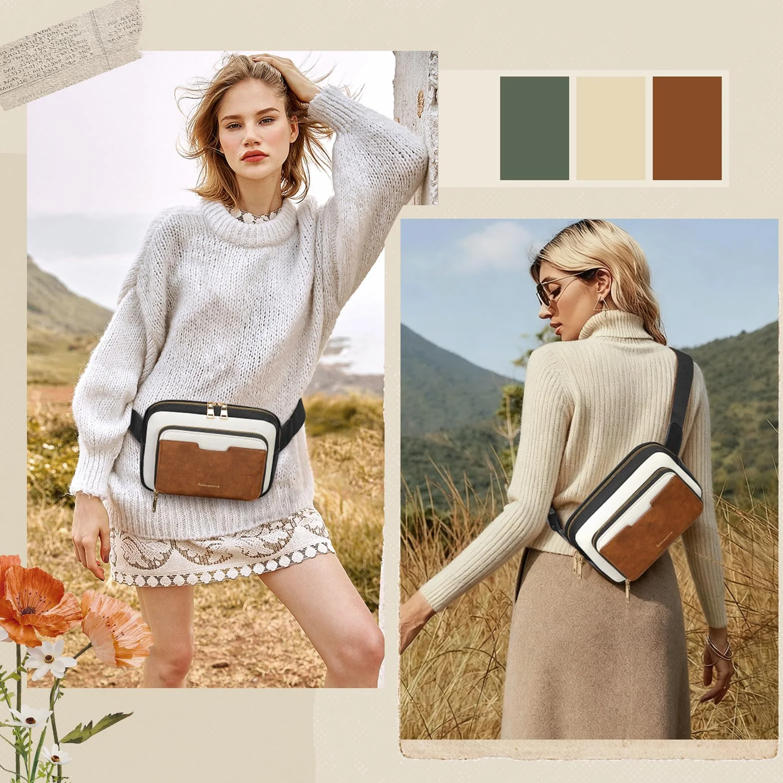 RAINSMORE Fanny Pack dla kobiet, skórzany pasek torba wodoodporna, Czarny Brązowy Biały, Kobiety