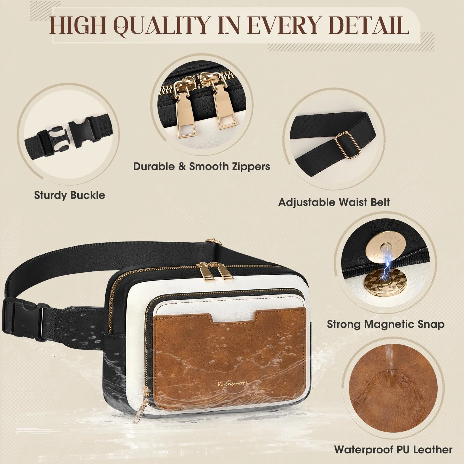 RAINSMORE Fanny Pack dla kobiet, skórzany pasek torba wodoodporna, Czarny Brązowy Biały, Kobiety