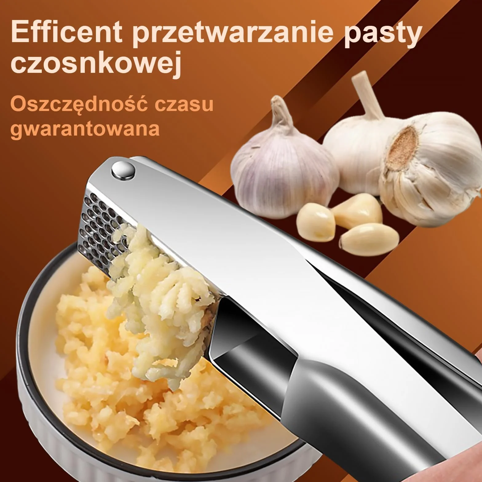 Praska do czosnku ze stali nierdzewnej 304, ergonomiczne uchwyty, komora 5 cm, można myć w zmywarce