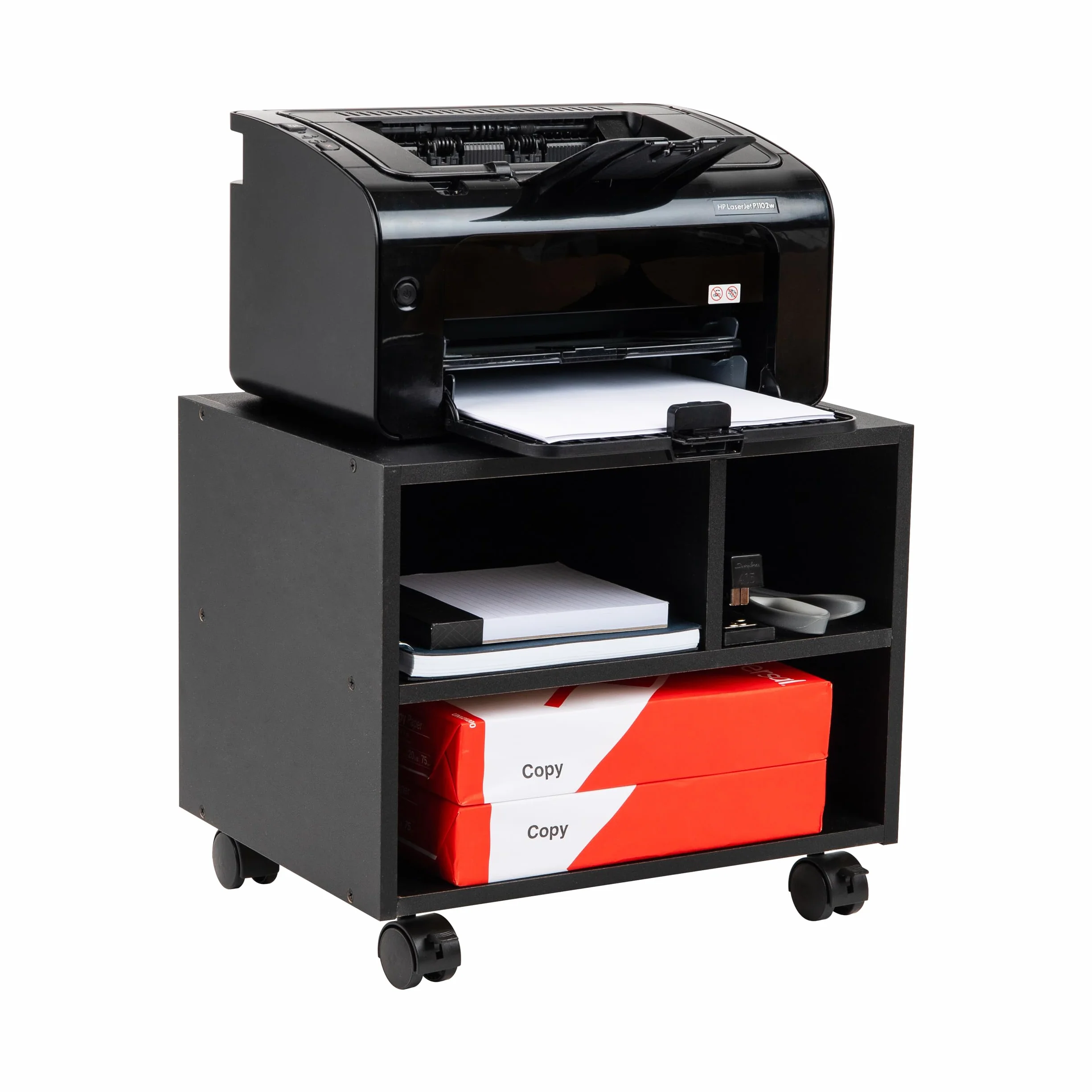 Mind Reader Wózek do drukarki MDF, półki organizacyjne na rolki, przechowywanie papieru, kółka blokujące, nośność 31 kg, czarny