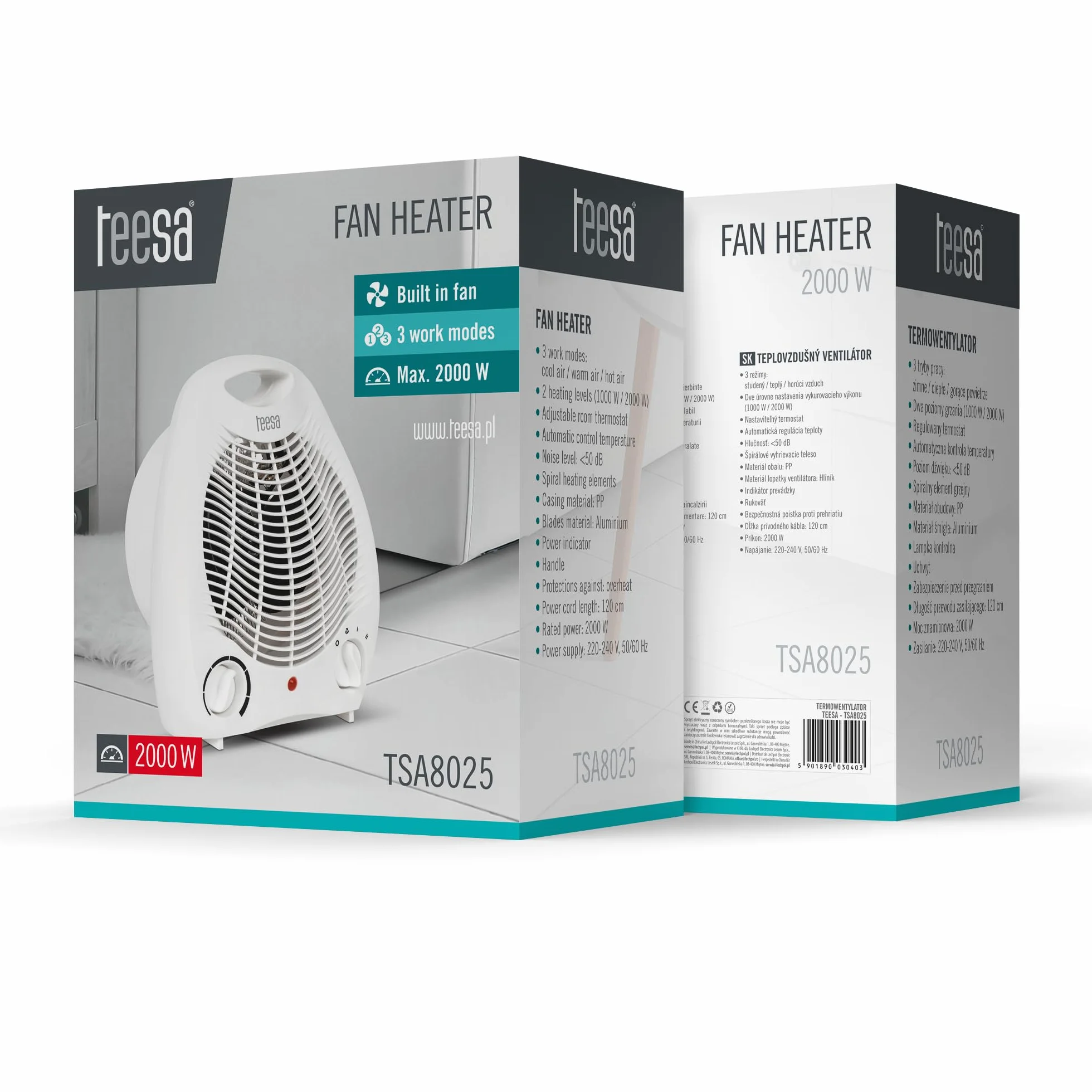 Teesa Termowentylator 1000W/2000W 3 Tryby Regulowany Termostat TSA8025