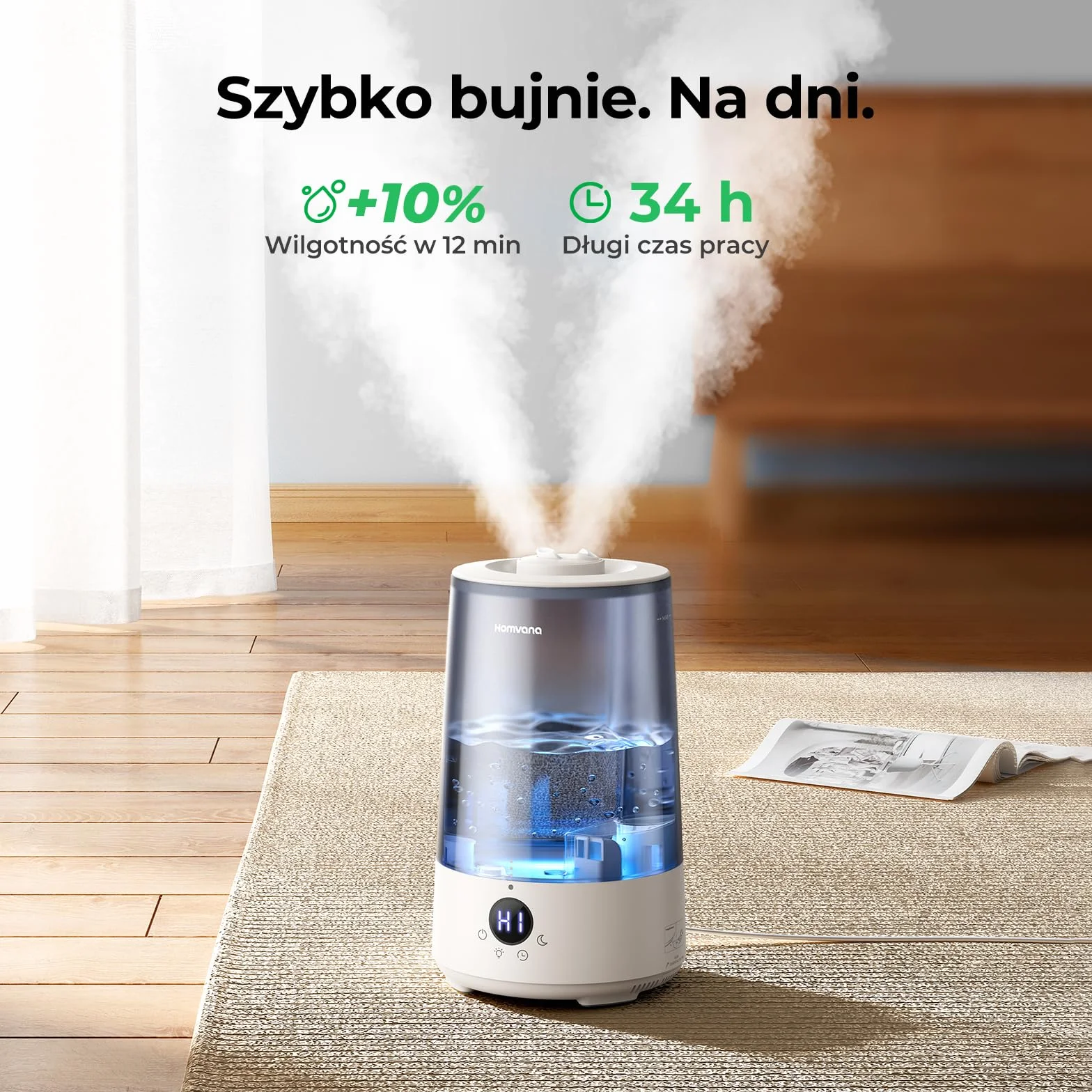 Homvana Nawilżacz Powietrza 3,6L Plastik Sypialnia Pokoju Dziecka, Ultradźwiękowy 360° Cool Mist, 34h Pracy, Bardzo Cichy 16 dB (SilentSpray), Bez BPA, Dyfuzor Zapachowy, 7 Kolorów LED