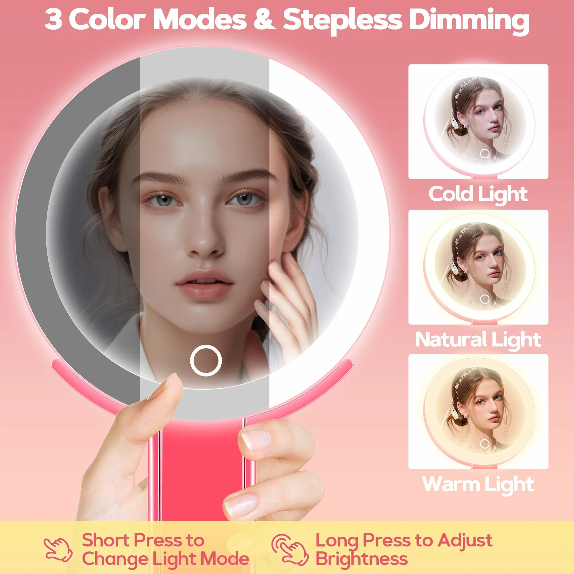 B Beauty Planet Lustro powiększające ze światłem 30X, dwustronne lusterko do makijażu, składane i ściemnialne, różowe