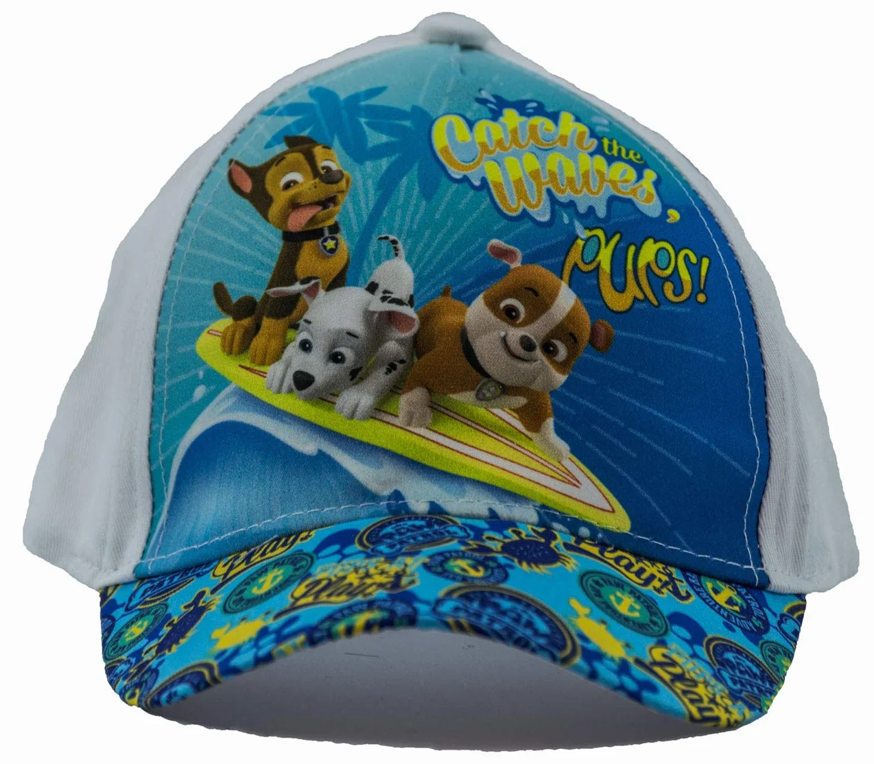 PAW PATROL Pups Chase, Marshall i Rubble Catch The Waves Pups, czapka baseballowa, czapka z daszkiem dla dzieci, dziewcząt i chłopców, ze 100% bawełny, z zapięciem na rzepy, biały, 52 cm
