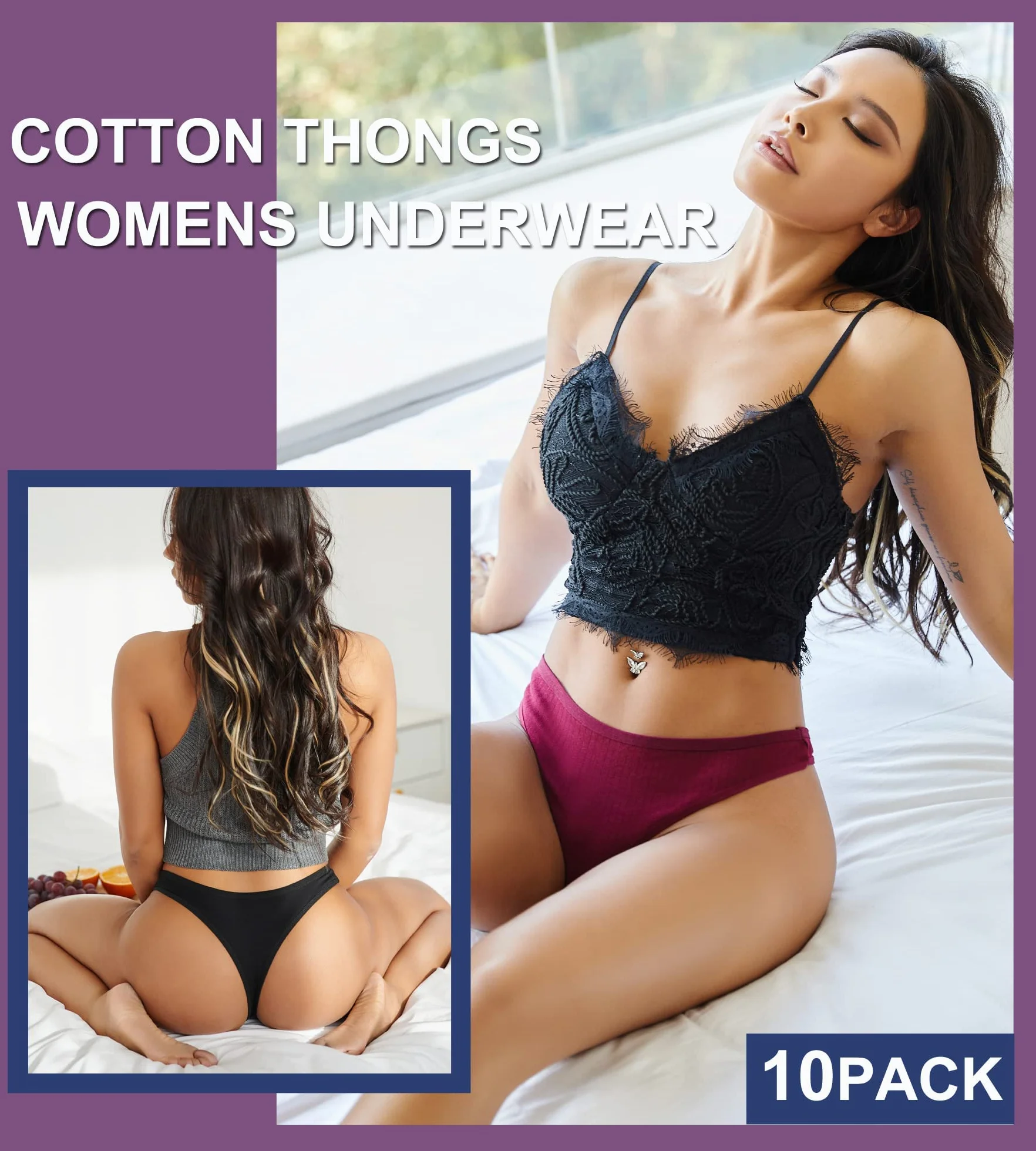 FINE TOO Zestaw 10 par stringów, tanga, damskie, bawełniane, seksowne, bielizna dla kobiet, bielizna, stringi, wielopak. S-XL, wielokolorowa, S