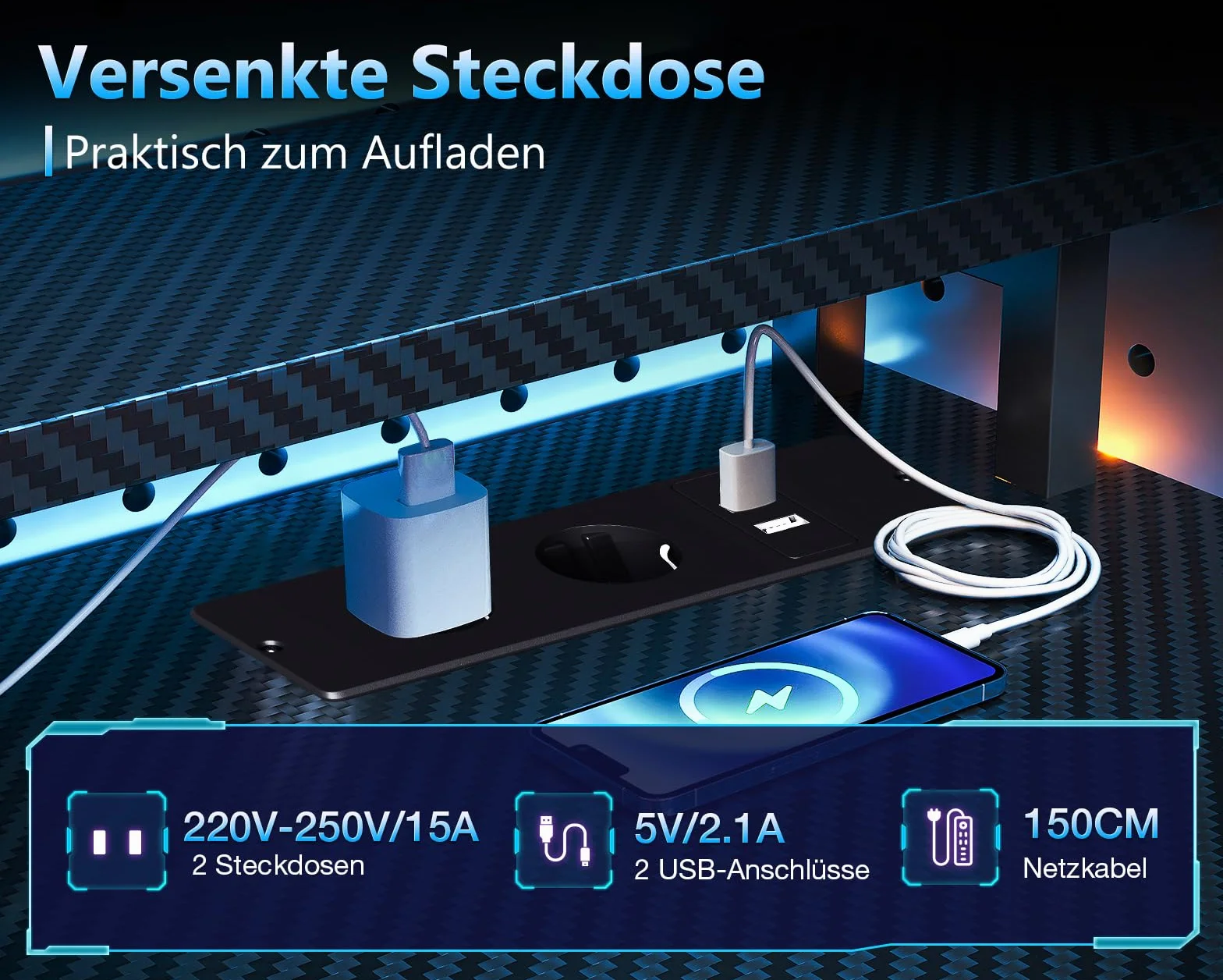 Coleshome Biurko Gamingowe LED 151 cm z Gniazdkiem i Szufladami, Stojak na Monitor, Włókno Węglowe Czarne