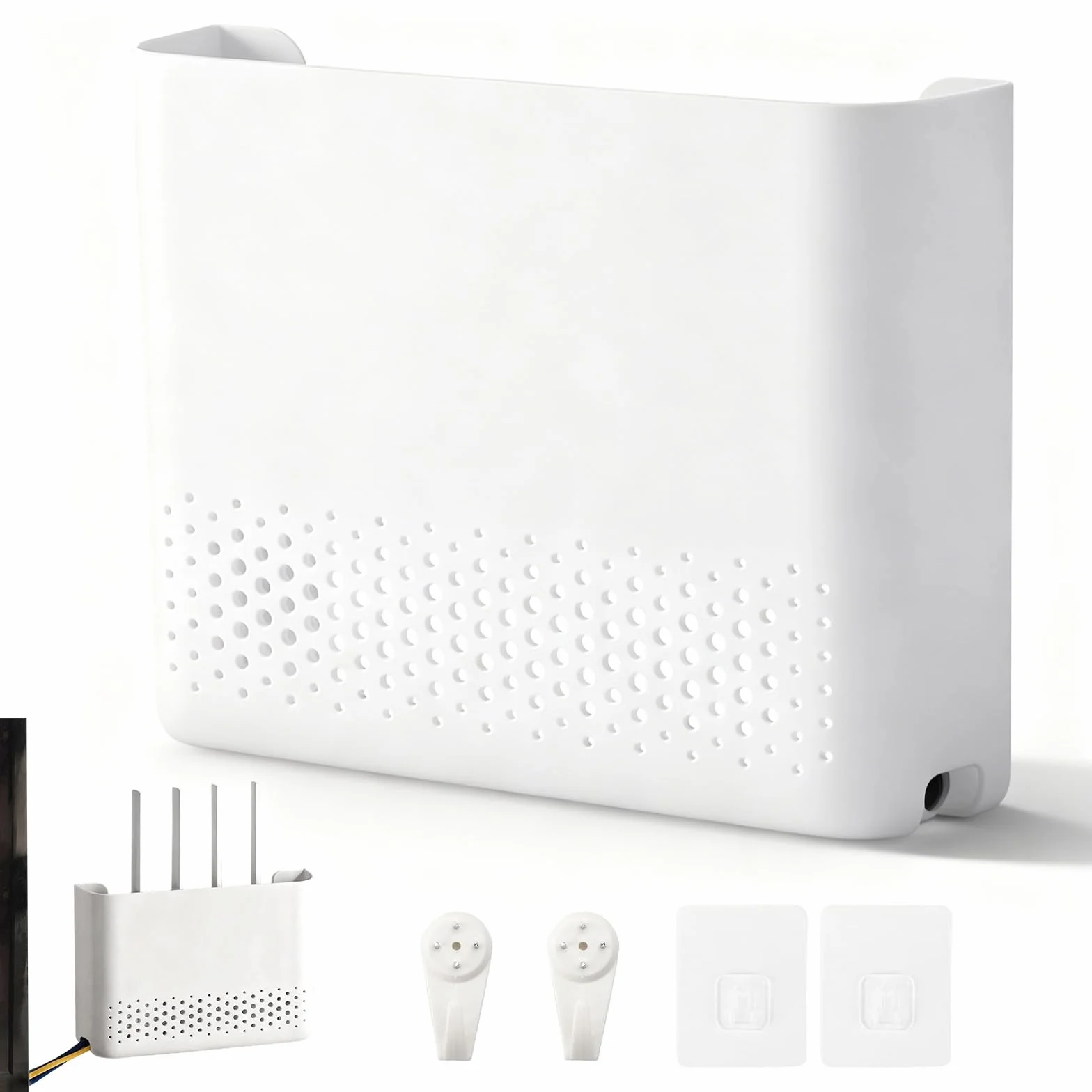 Szafka routerowa, ukryta skrzynka Wi-Fi 30 x 22 x 6,5 cm, uchwyt ścienny, stojak WiFi z klamrą klejącą i bezśladowym gwoździem, kolor biały