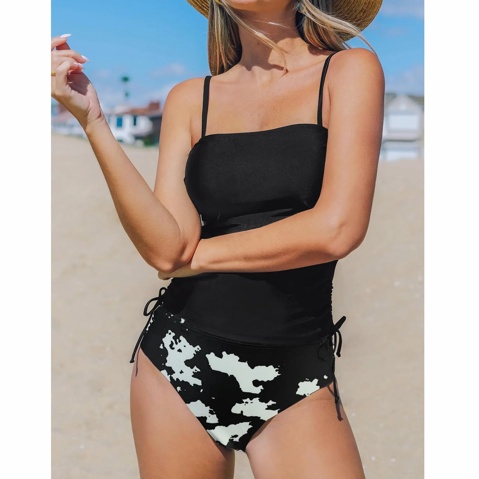 SYKT Damski zestaw tankini ze ściągaczem, wysoki stan, tankini, moda kąpielowa, z nadrukiem, dwuczęściowy strój kąpielowy