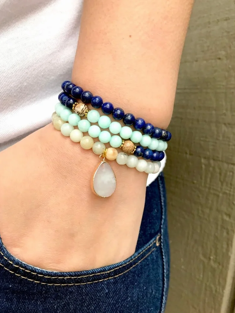 Naturalny amazonit i lapis lazuli 8 mm 108 koralików mala, duchowe, koraliki medytacyjne, Reiki, Japa Mala, buddyjskie koraliki modlitewne, bransoletka do jogi, koraliki lecznicze