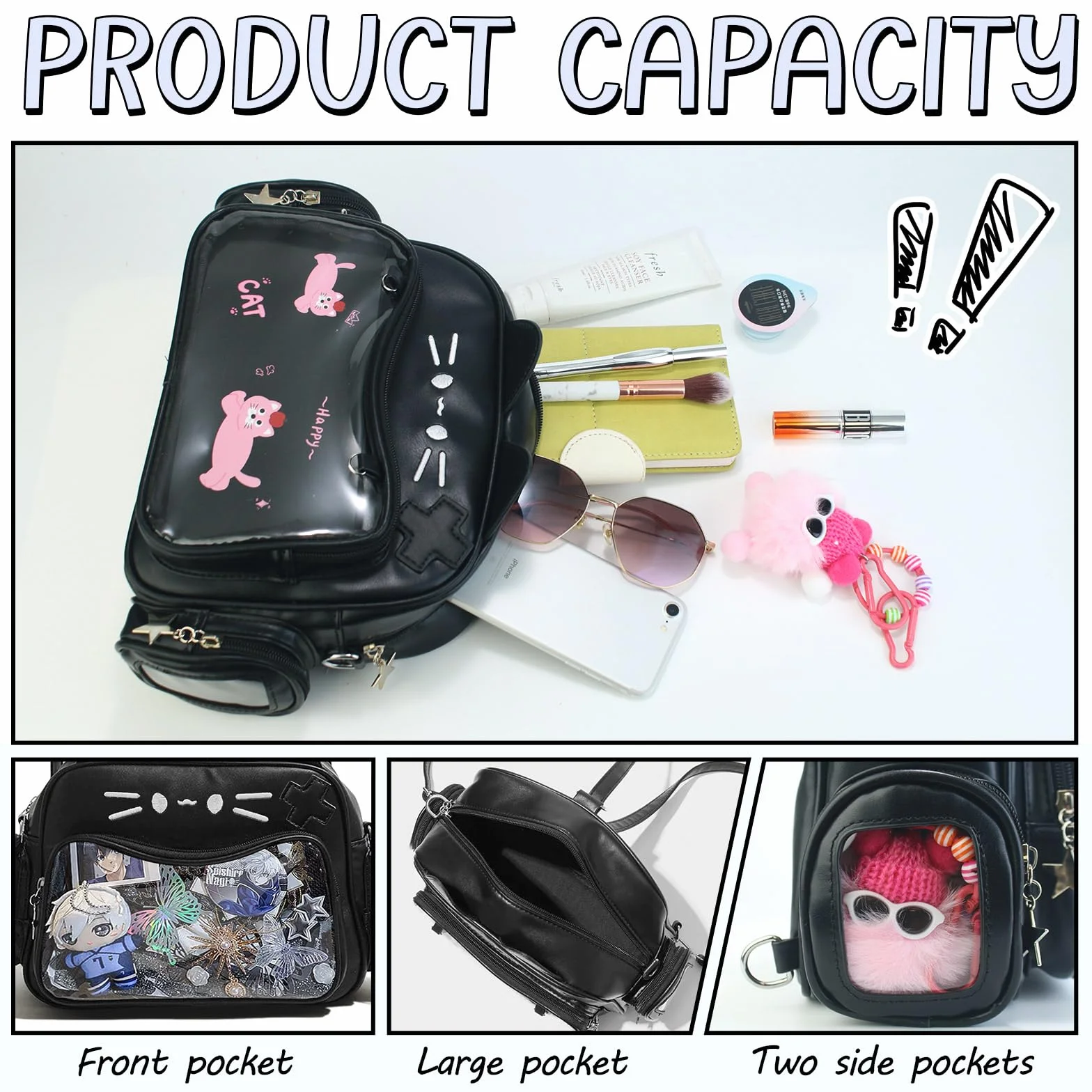 Kawaii Ita Bag plecak z paskiem na ramię w kształcie kota, wielofunkcyjny stojak na przypinki z wkładką