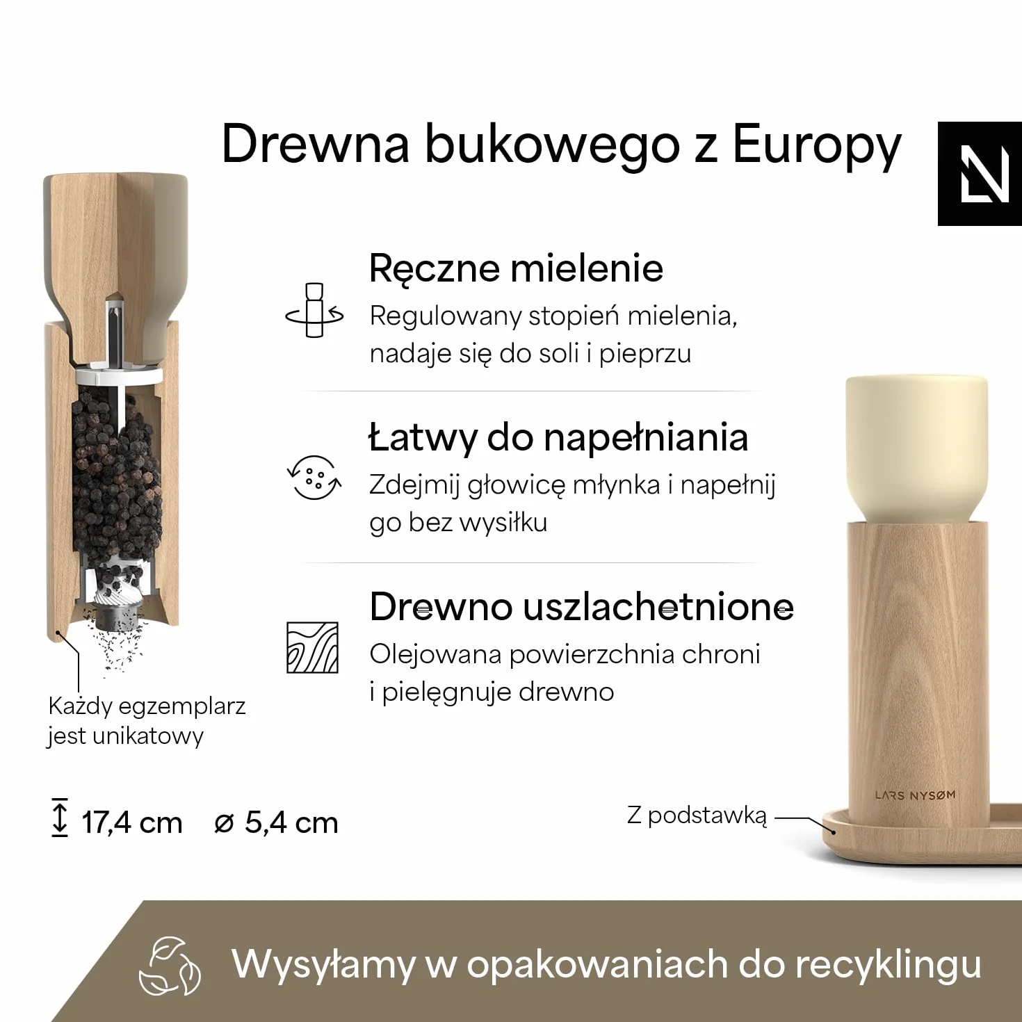 LARS NYSØM Zestaw młynków z drewna z tacką, regulowany ceramiczny mechanizm, bukowy, brąz/beż
