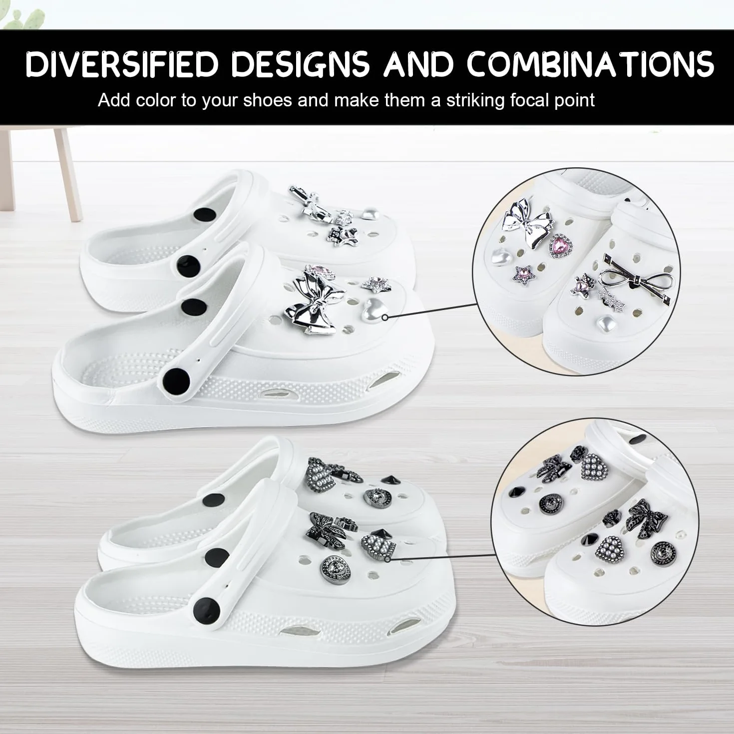 Crocs przypinki, przypinki do butów crocs, kokardka sznurówki charmy, odpinane zawieszki do butów, Crocs Pins dla dziewcząt, kobiet i dorosłych, dwa style: srebrny i czarny