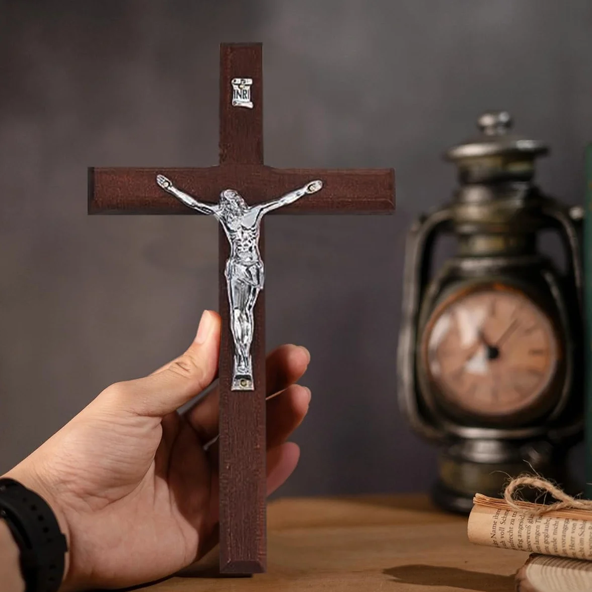 PZJOALN Drewniany krzyż Jezusa krzyż wiszący krzyż ścienny krzyż wiszący krzyż Boże Narodzenie komunia chrzest 20 cm x 11,5 cm