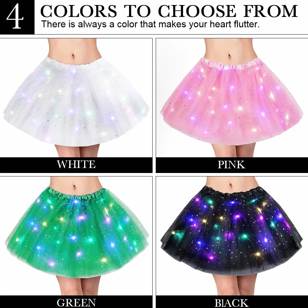 URAQT Spódniczka tutu LED, tiulowa spódniczka damska LED tutu dla dorosłych, mini spódniczka damska z diodami LED, tutu LED dla dorosłych na karnawałowe bale, bale, kostium na Halloween, 40 cm