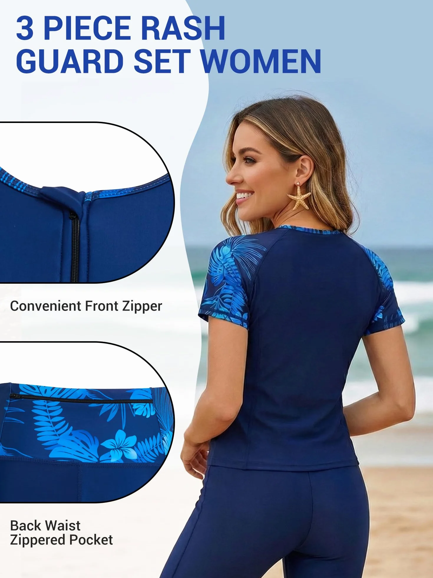 Owntop Rashguard damski zestaw 3-częściowy – koszulka do pływania z krótkim rękawem z topem i kąpielówkami, szybkoschnąca odzież kąpielowa z ochroną UV na plażę, do pływania, sportów wodnych