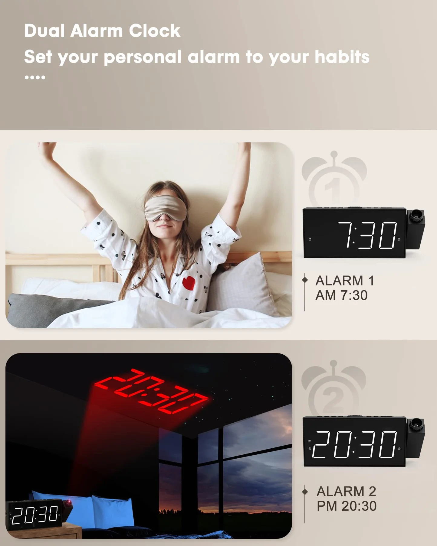 ROCAM Budzik projektor sufitowy LED biały z ładowaniem USB 12/24H drzemka