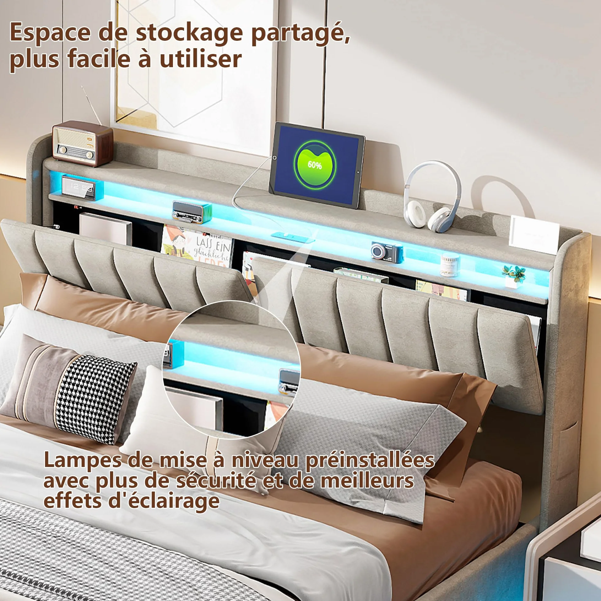 Tapicerowane łóżko podwójne 160x200 cm z oświetleniem LED i ładowaniem USB, hydrauliczne z pudełkiem do przechowywania, szary