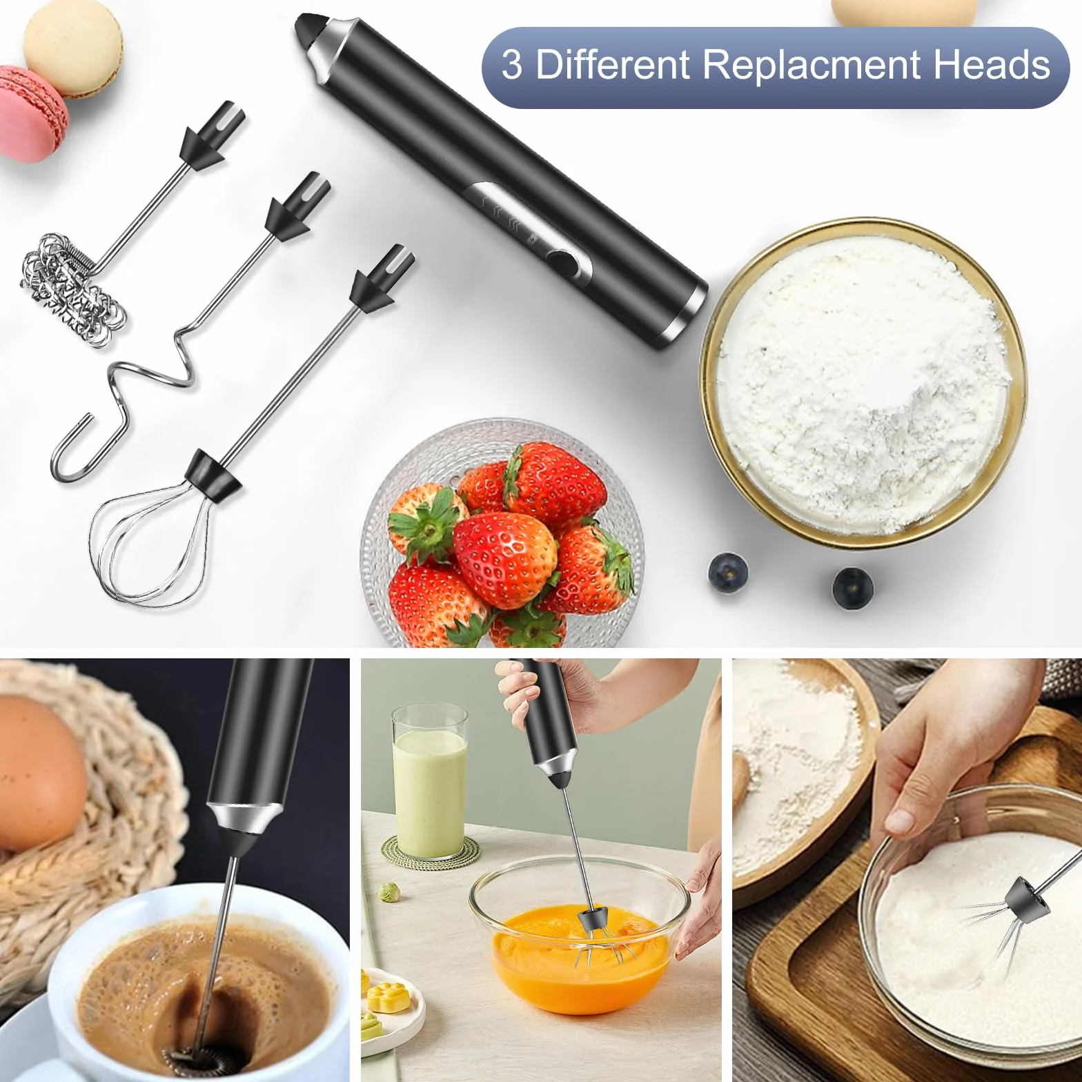 Weinsamkeit Rechargeable USB Milk Frother, elektryczne mleko Frother z 3 głowicami rurkowymi, regulowany mini whisk z 3 prędkościami, mini elektryczne jajka Whisk do kawy, Matcha, Latte, Cappuccino