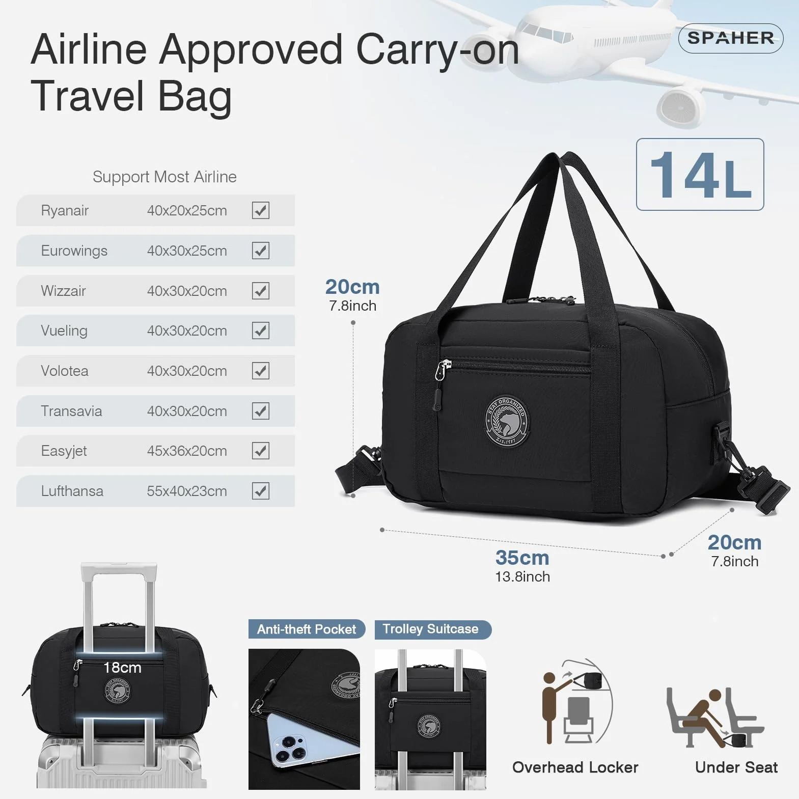 SPAHER Mały Torba Podróżna 35x20x20cm Ryanair Torba na Bagaż Podręczny z Kieszenią na Mokre Rzeczy Wodoodporna Sportowa Weekendowa Fitness Torba dla Mężczyzn Kobiet