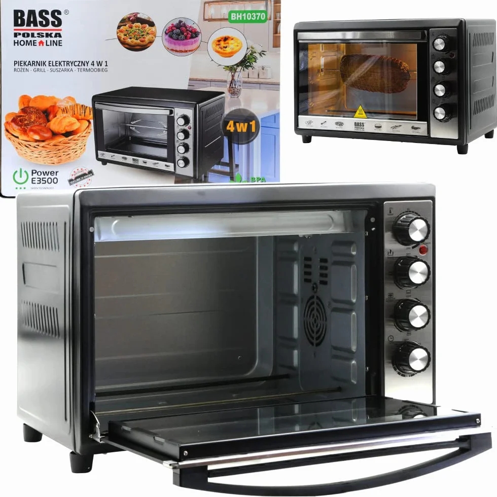 BASS POLSKA Mini piekarnik z rożnem 48L, do 230 ° C, mały piekarnik, piekarnik, piec do pizzy, ruszt - blacha do pieczenia - suszarka do owoców, małe kuchnie