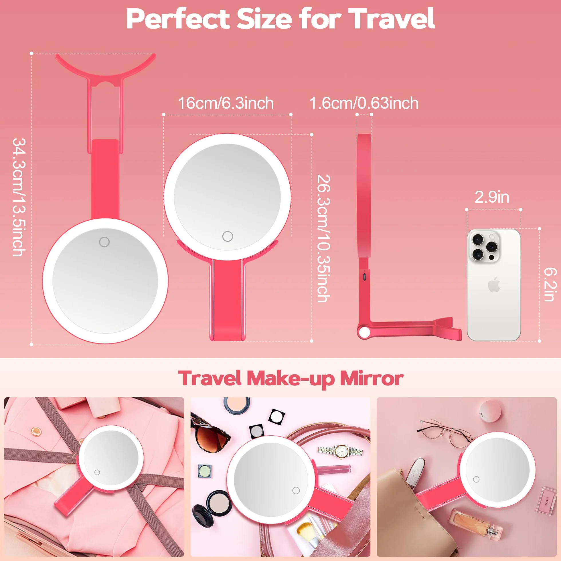 B Beauty Planet Lustro powiększające ze światłem 30X, dwustronne lusterko do makijażu, składane i ściemnialne, różowe